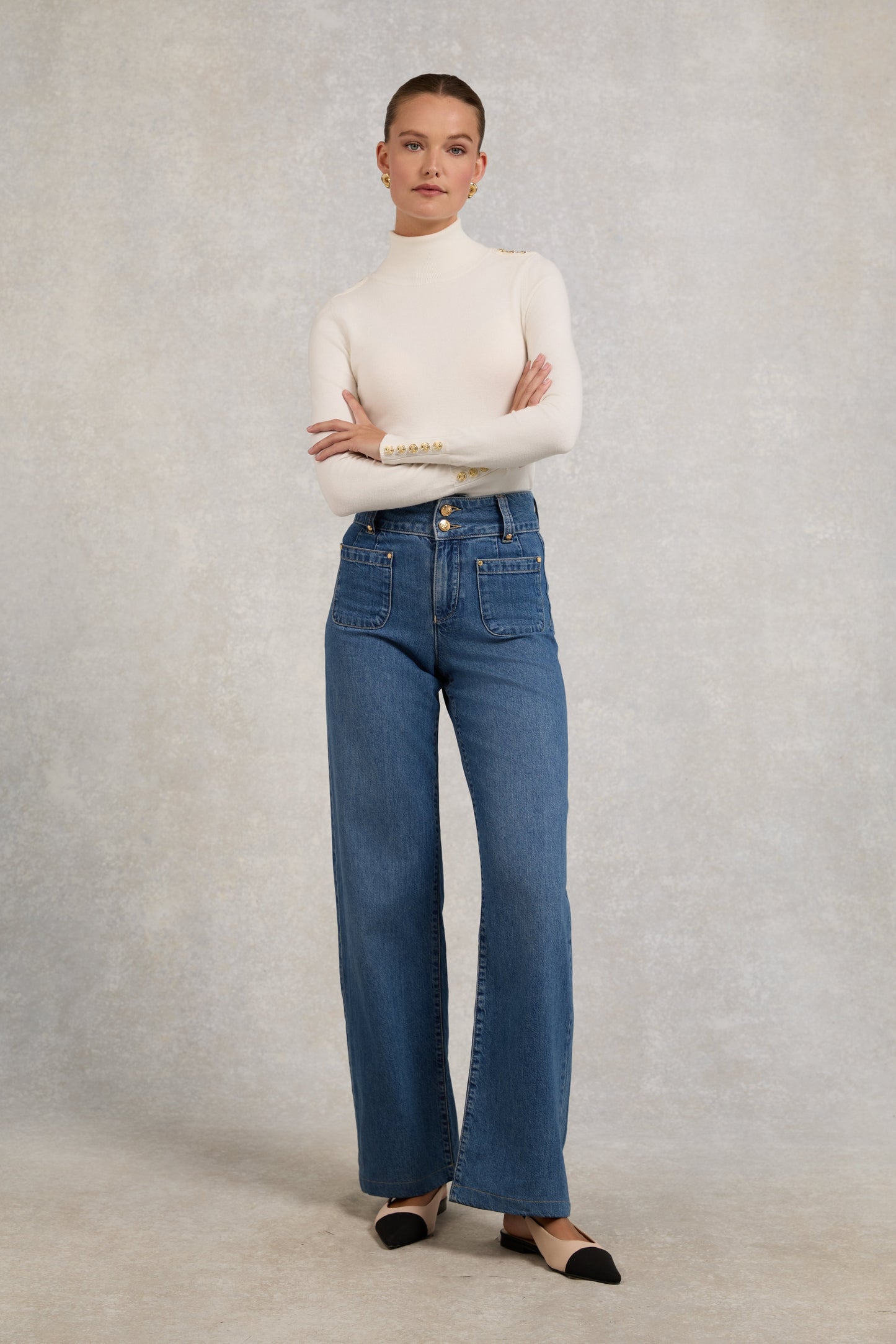 Buttoned Knit Roll Neck (Cream)