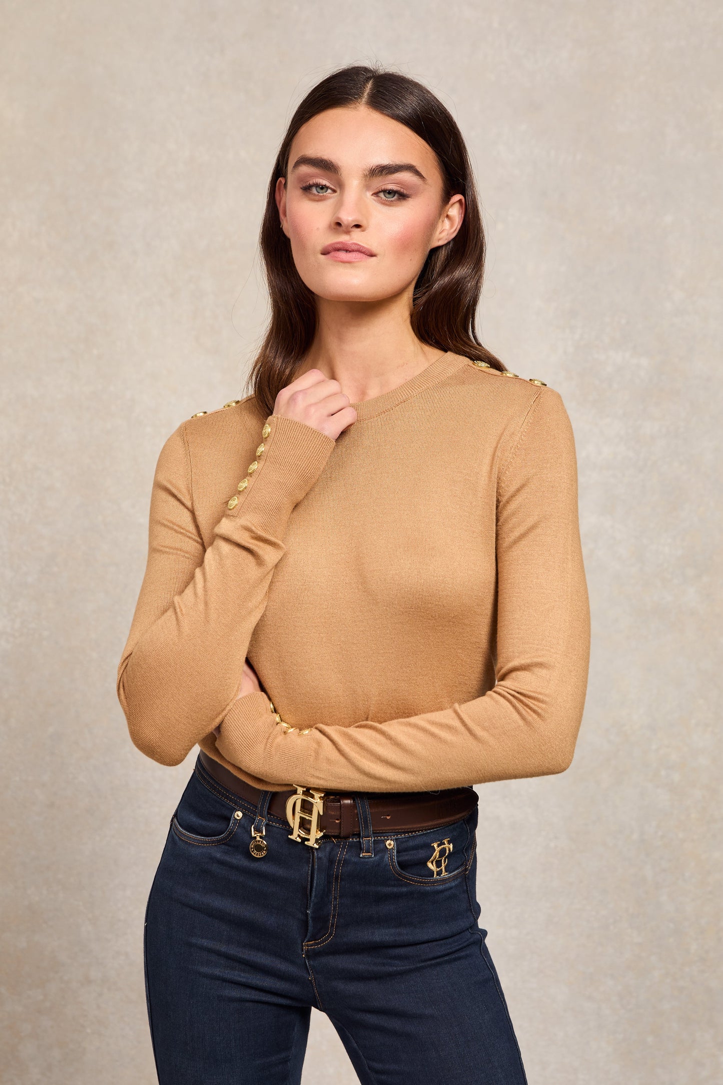 Buttoned Knit Crew Neck (Dark Camel)
