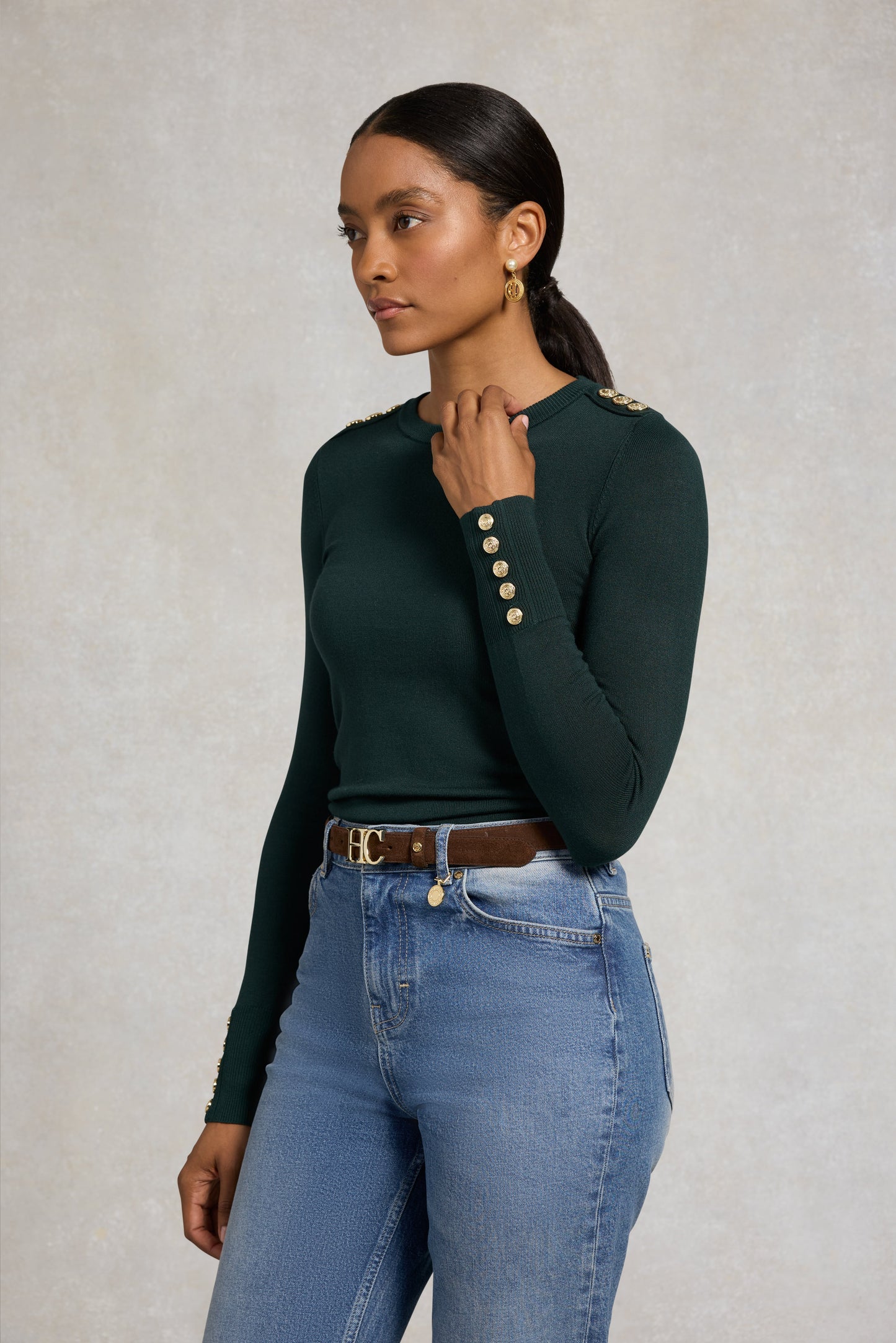 Buttoned Knit Crew Neck (Deep Emerald)