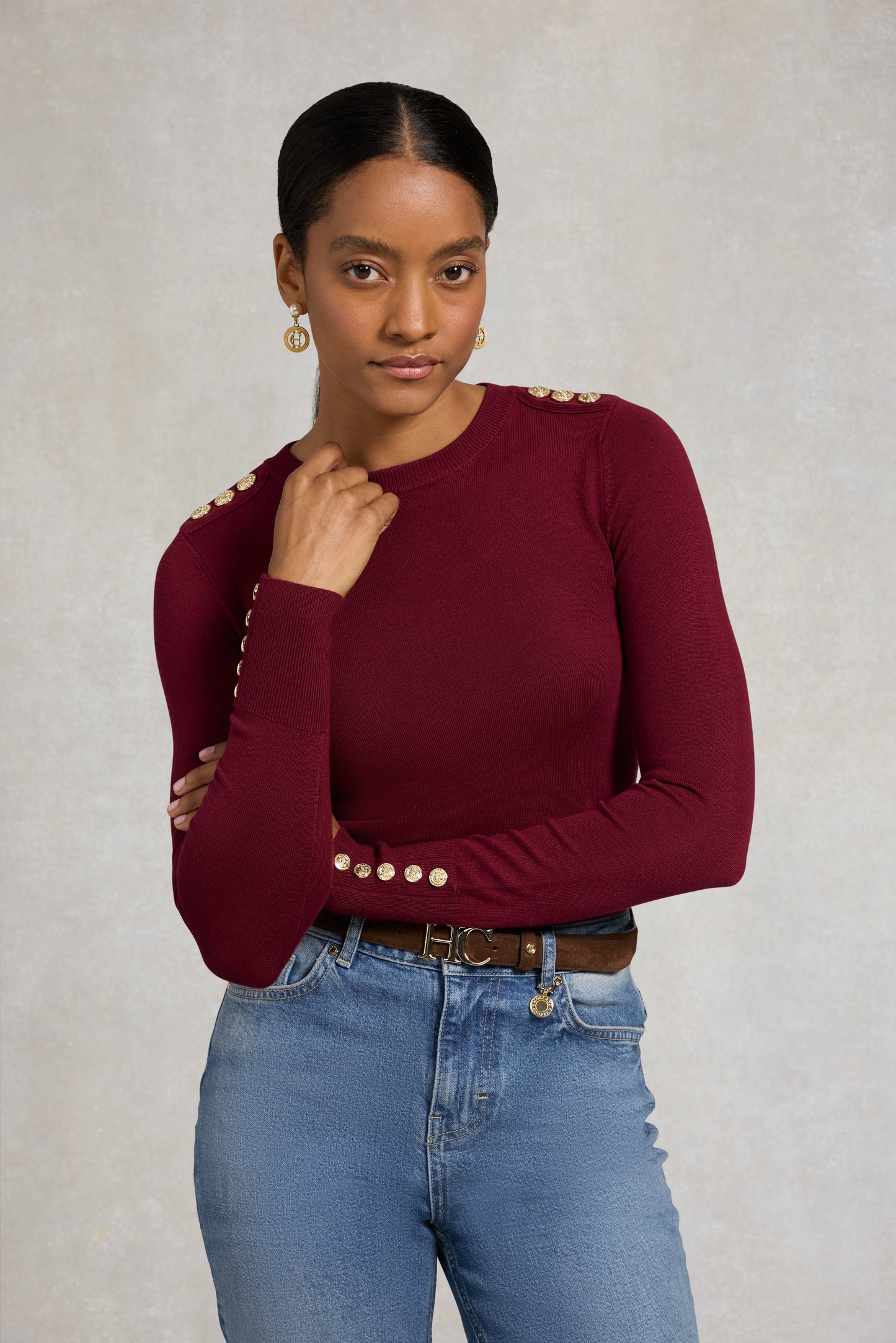 Buttoned Knit Crew Neck (Wine)
