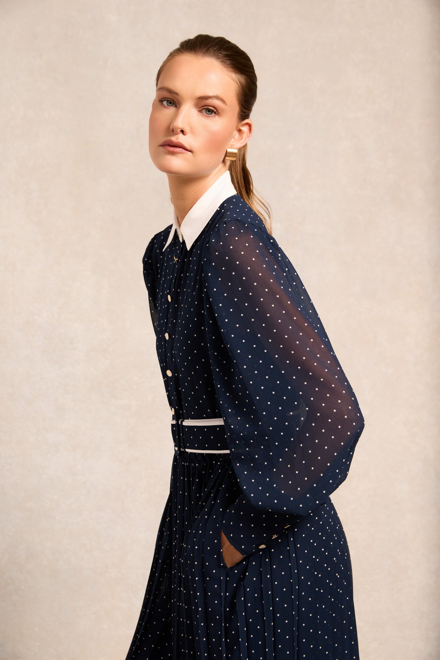 Annabel Pleated Maxi Dress (Ink Navy Polka Dot)