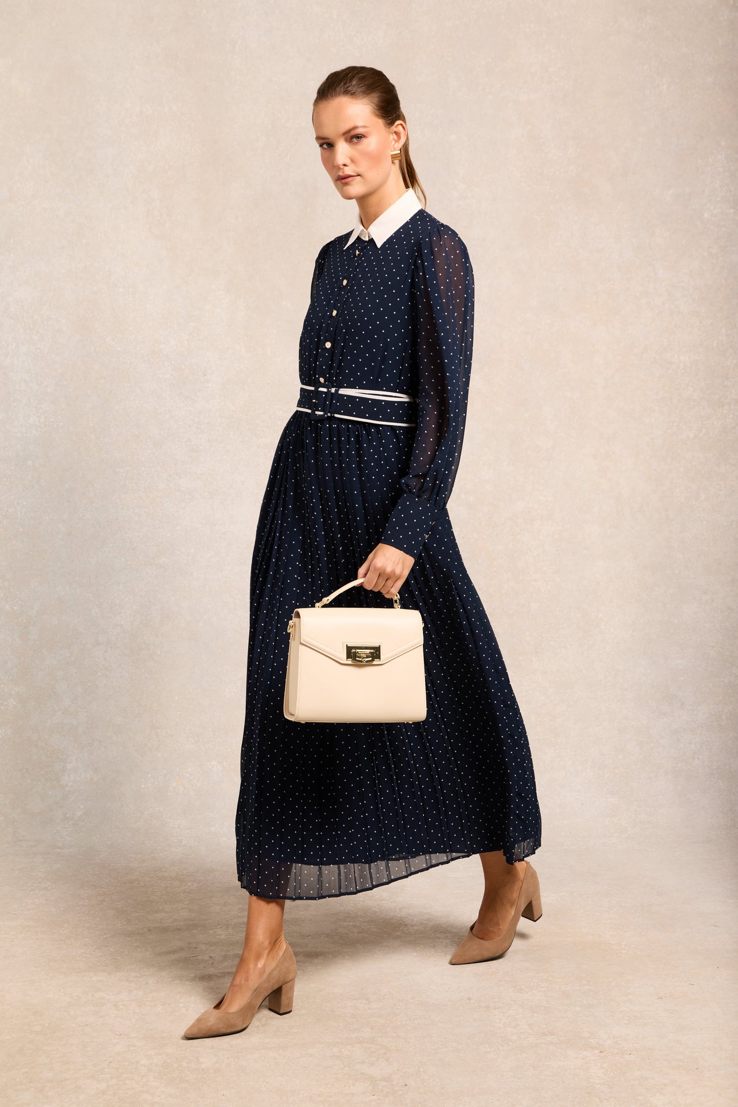 Annabel Pleated Maxi Dress (Ink Navy Polka Dot)