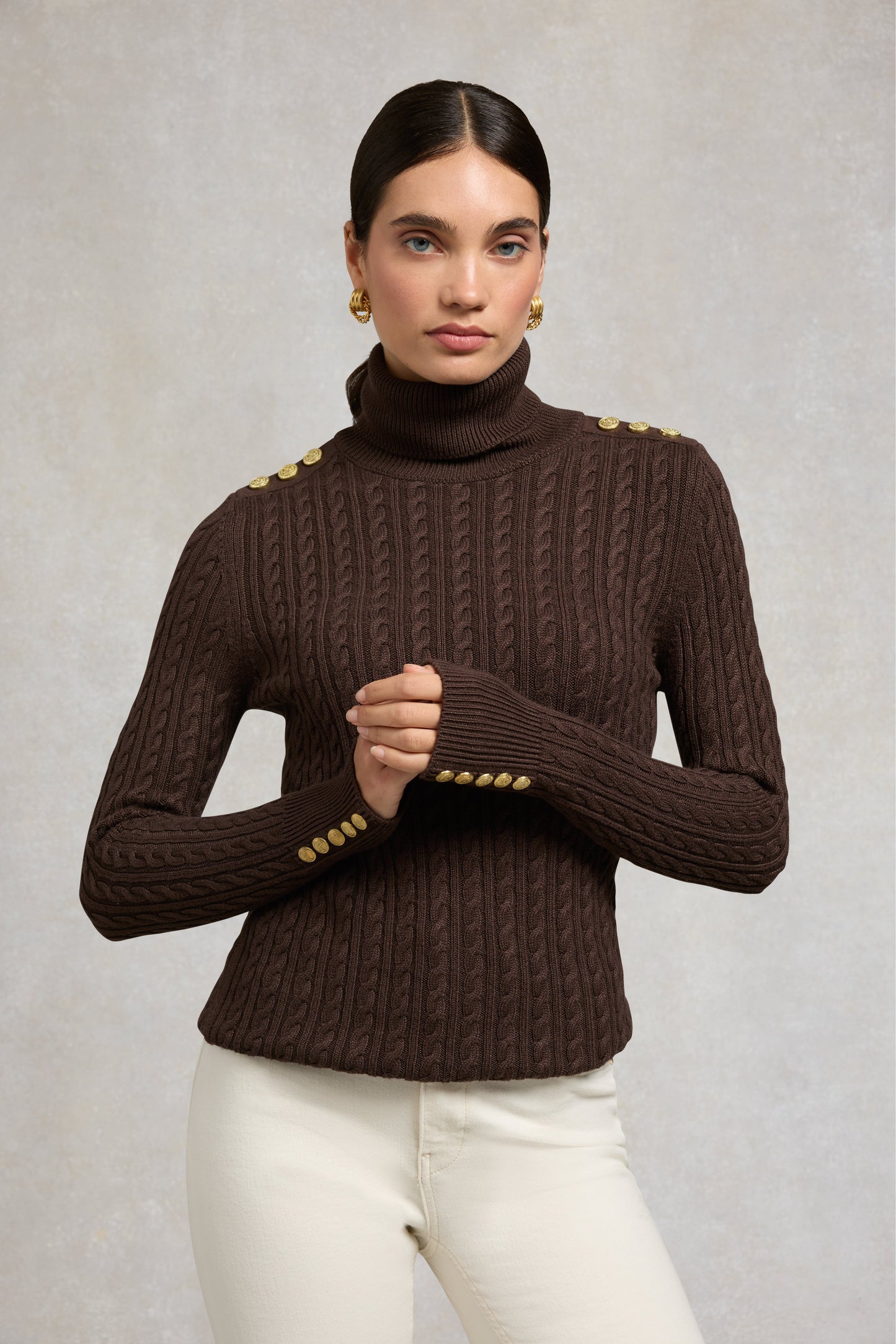 Seattle Roll Neck Cable Knit (Chocolate)