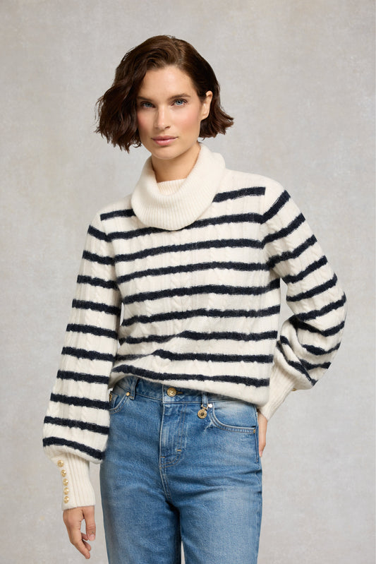 Frances Cowl Neck Knit (Natural Stripe)