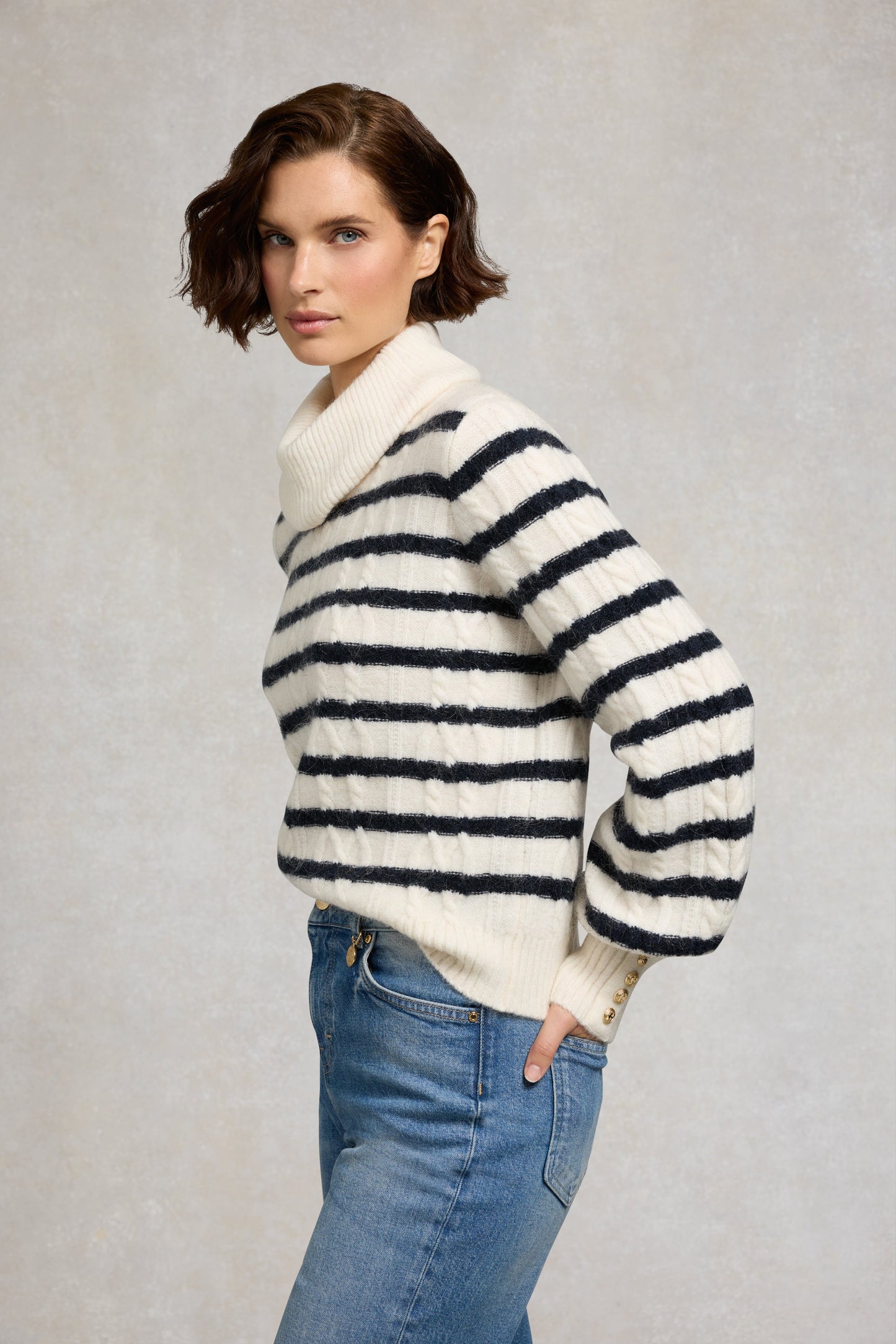 Frances Cowl Neck Knit (Natural Stripe)