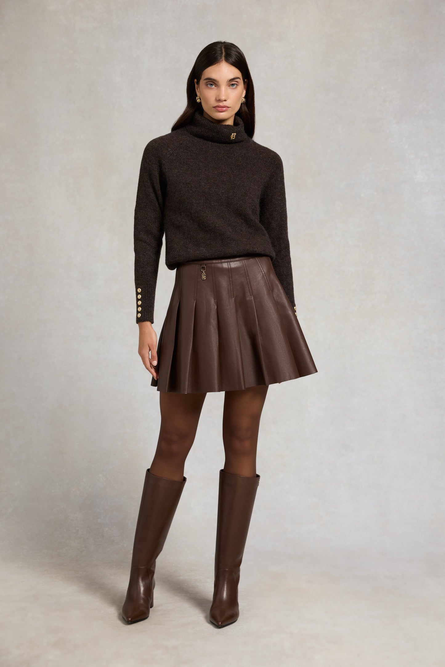 Faux Leather Pleated Mini Skirt (Espresso)