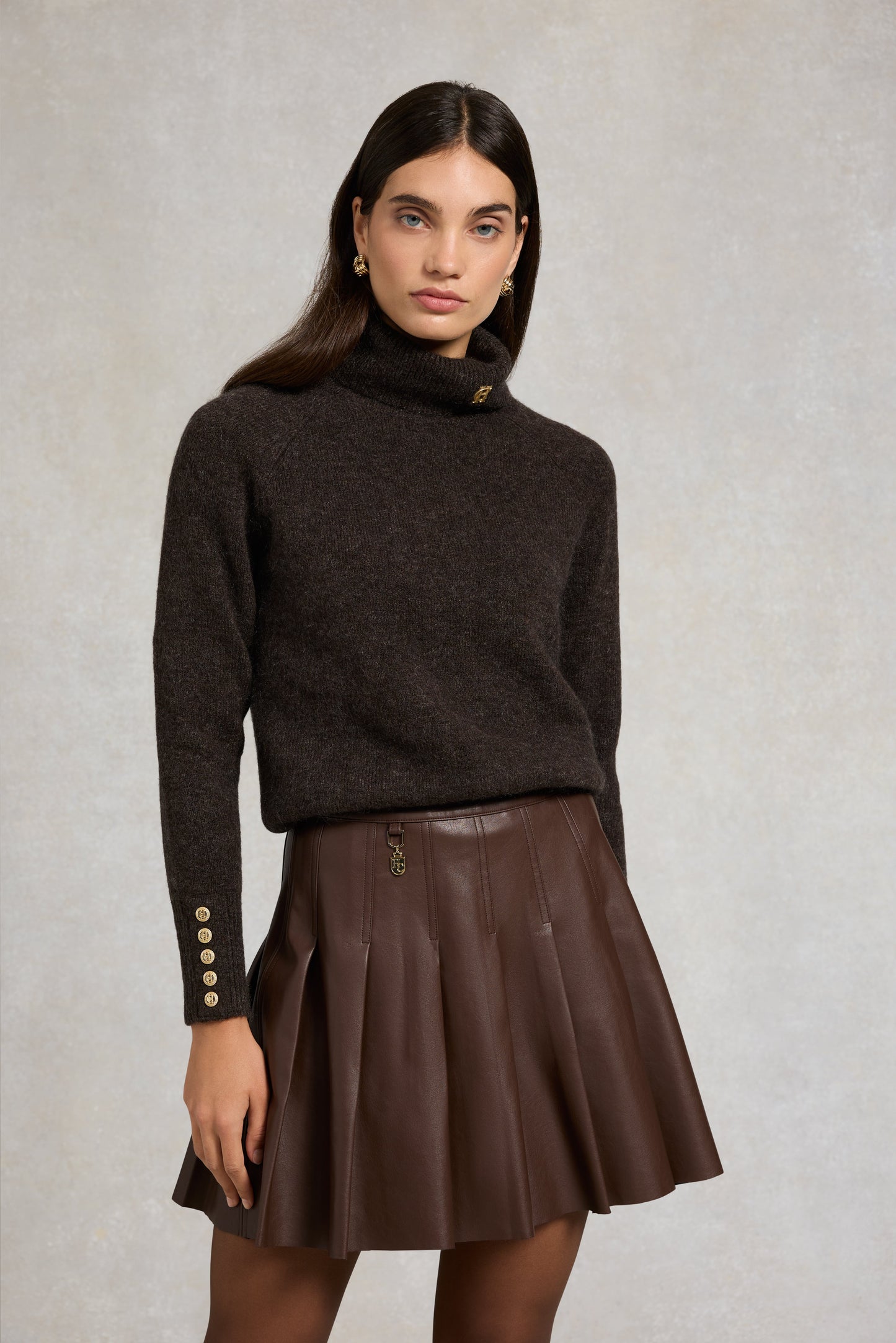 Faux Leather Pleated Mini Skirt (Espresso)