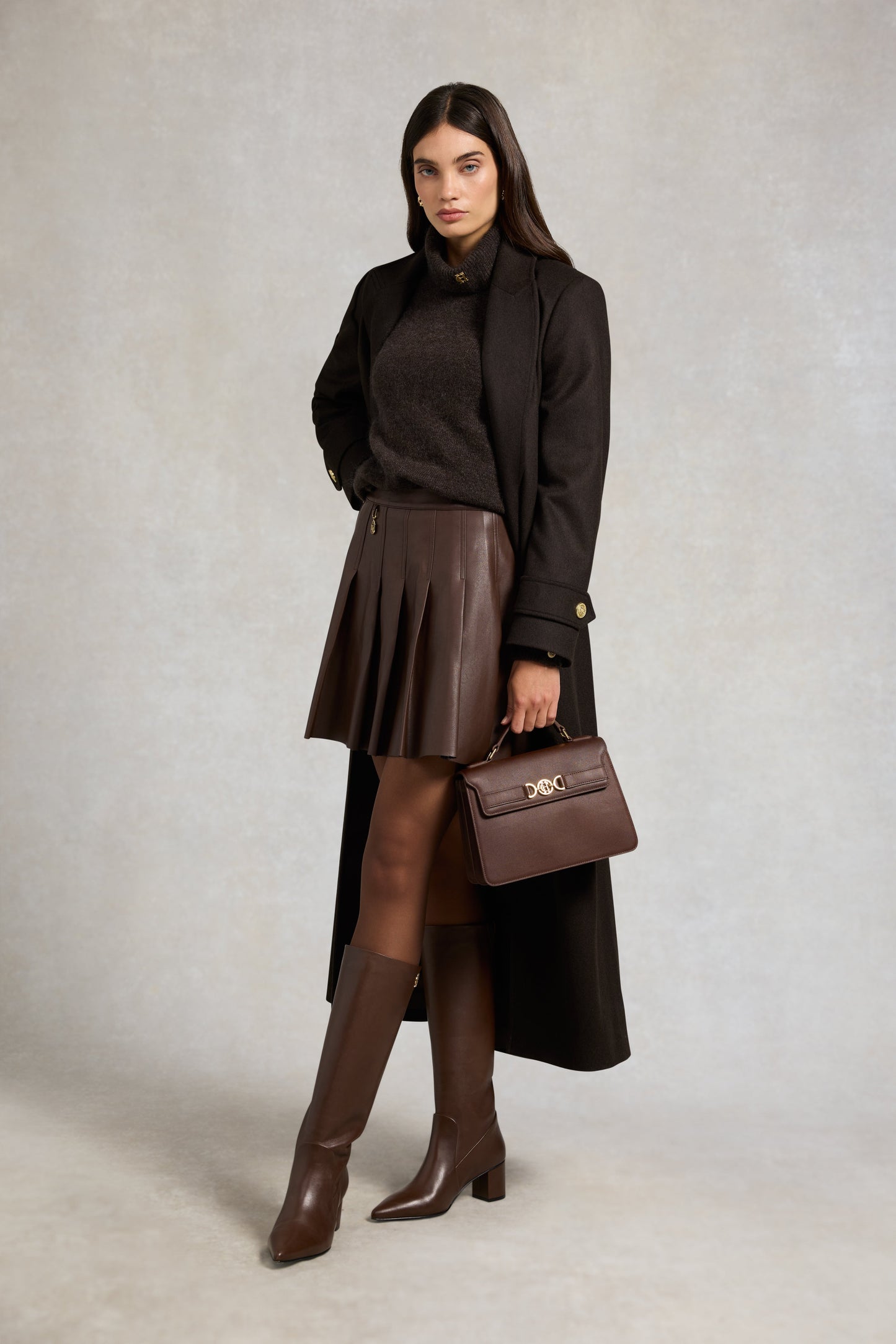 Faux Leather Pleated Mini Skirt (Espresso)