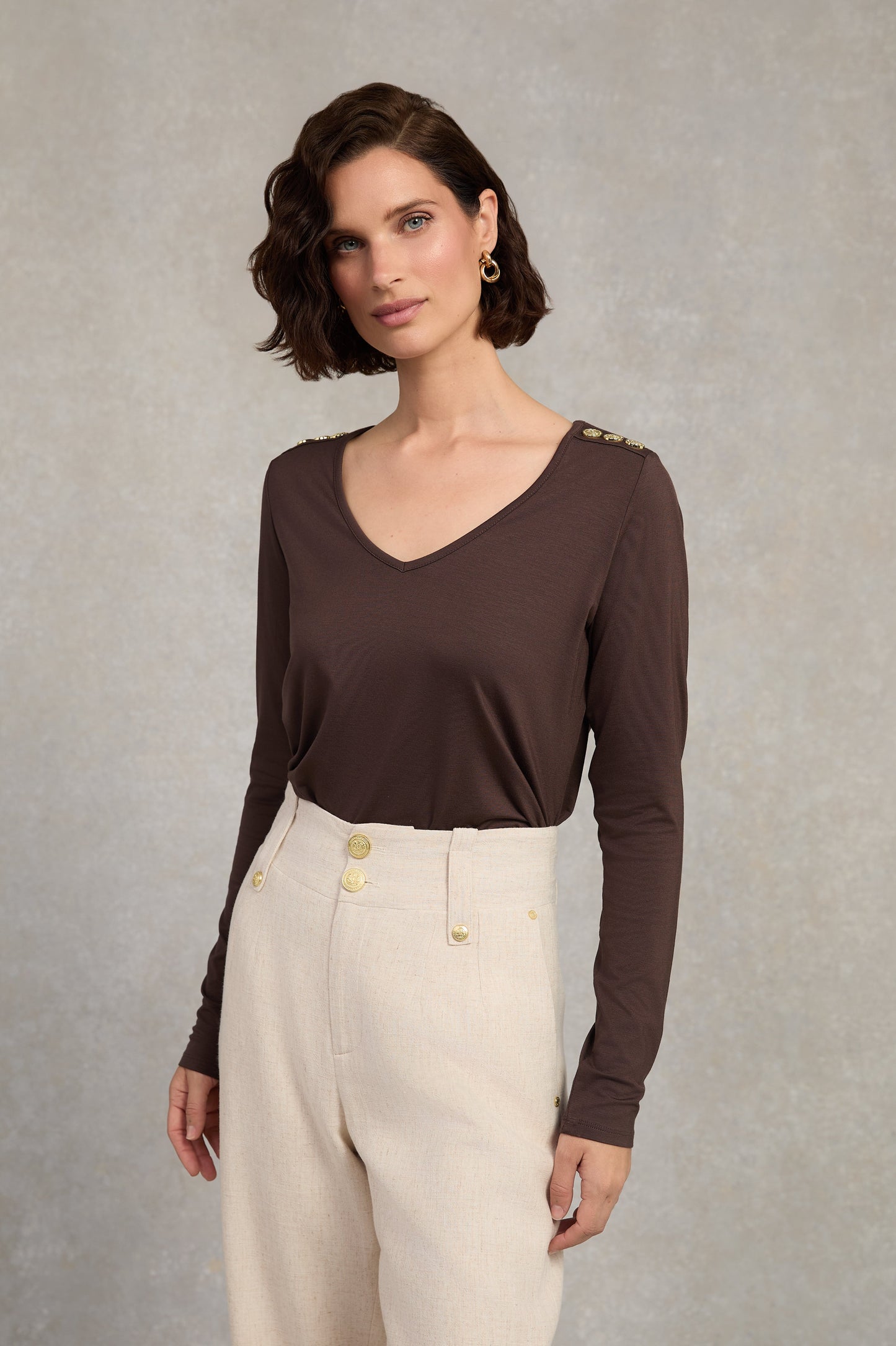 Long Sleeve V-Neck Tee (Coffee)