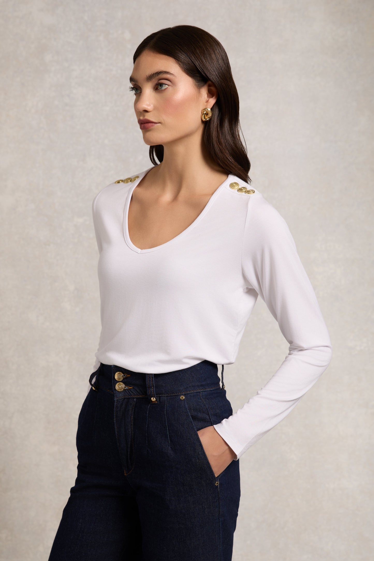 Long Sleeve V-Neck Tee (White)