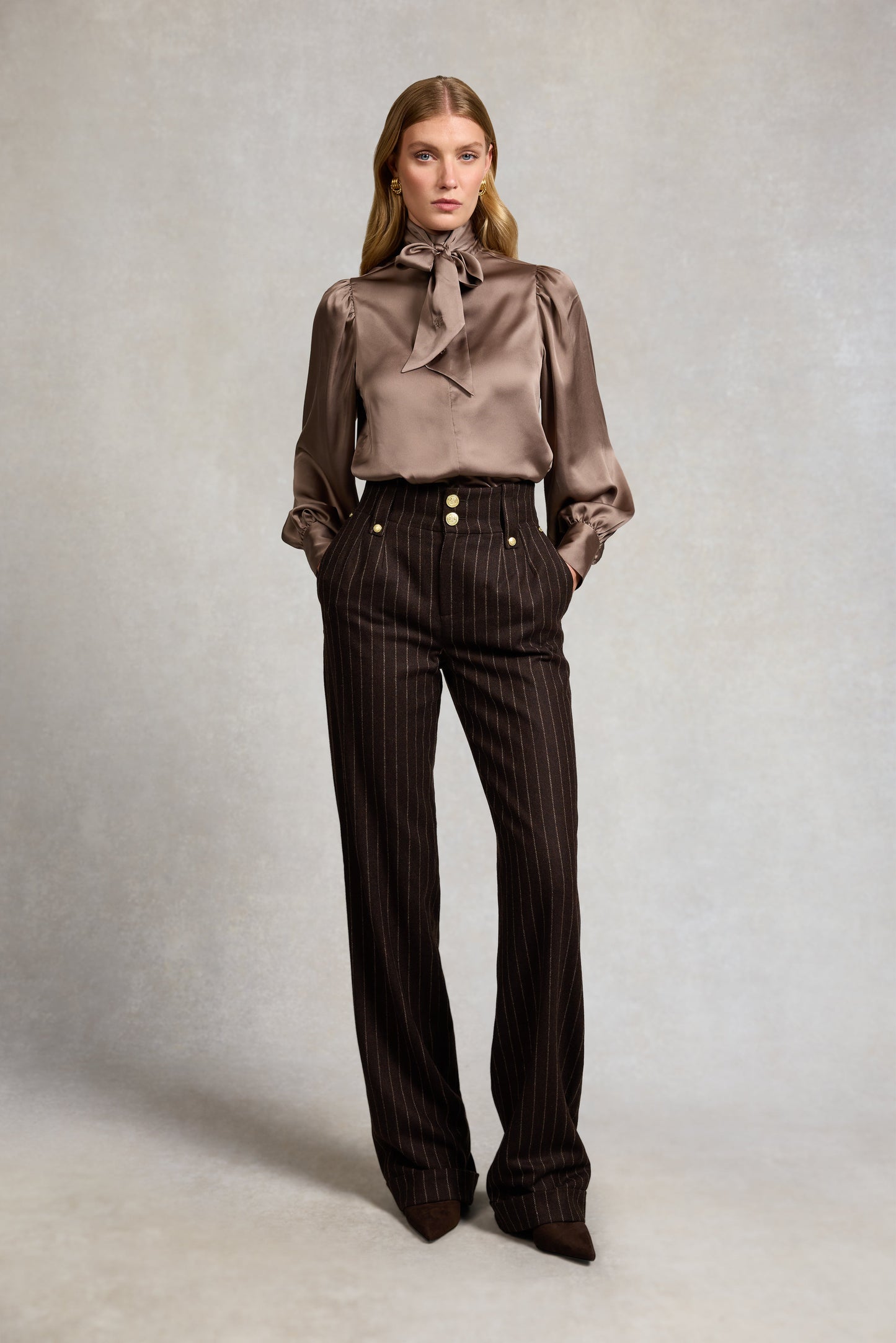 High Waisted Wide Leg Trouser (Chocolate Pinstripe)