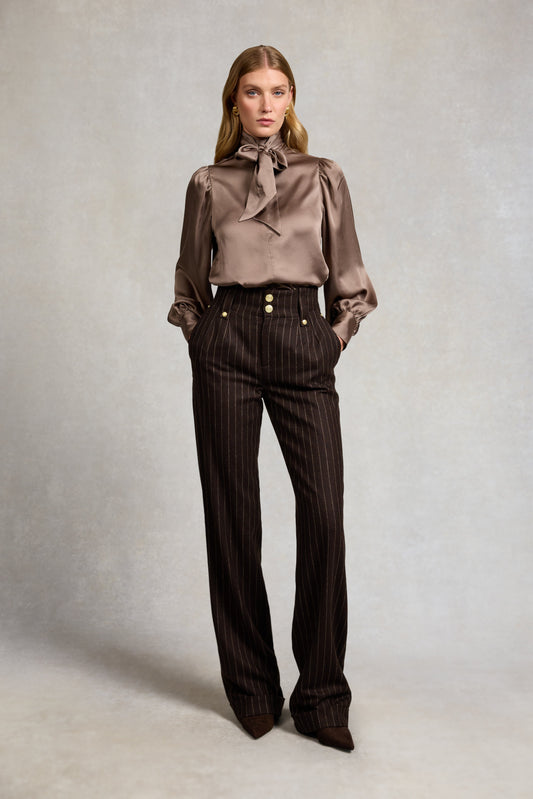 High Waisted Wide Leg Trouser (Chocolate Pinstripe)