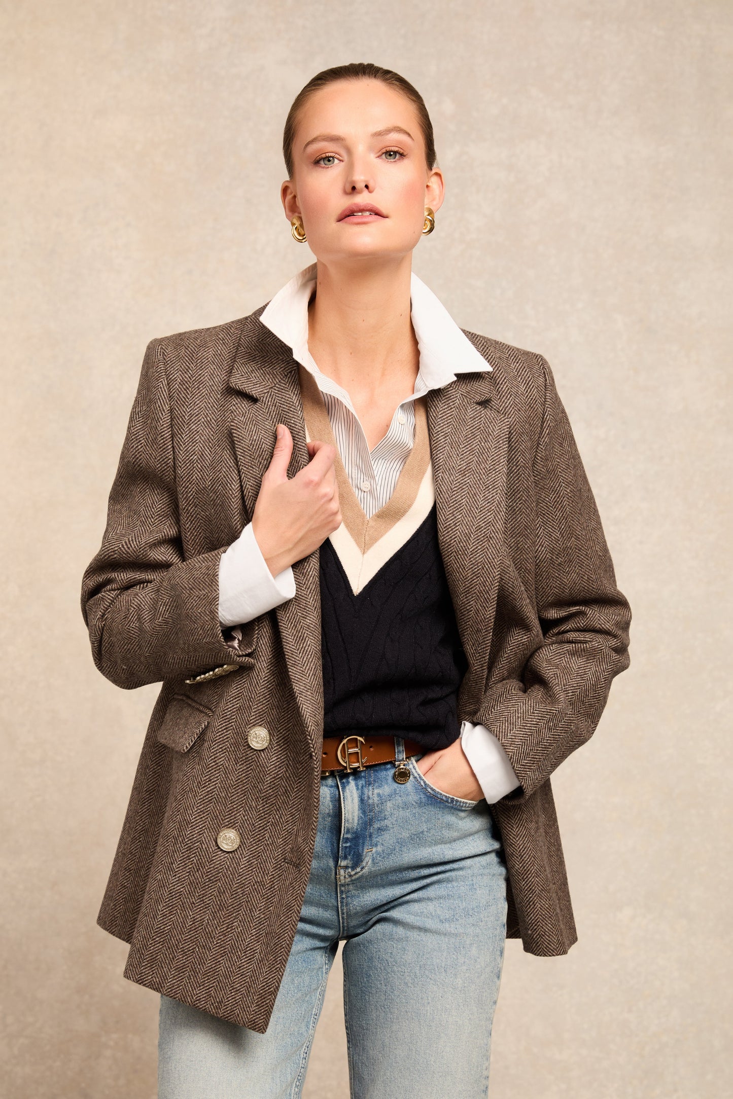 Double Breasted Blazer (Large Scale Brown Herringbone)