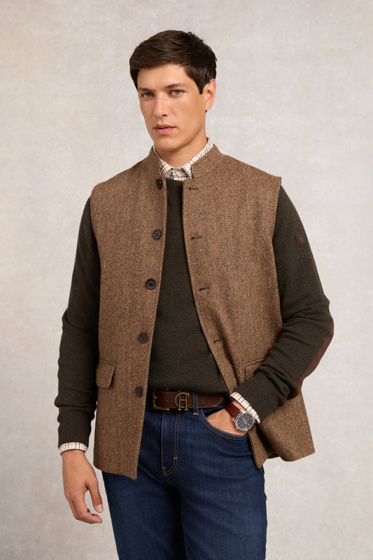 Nehru Gilet (Large Scale Brown Herringbone)