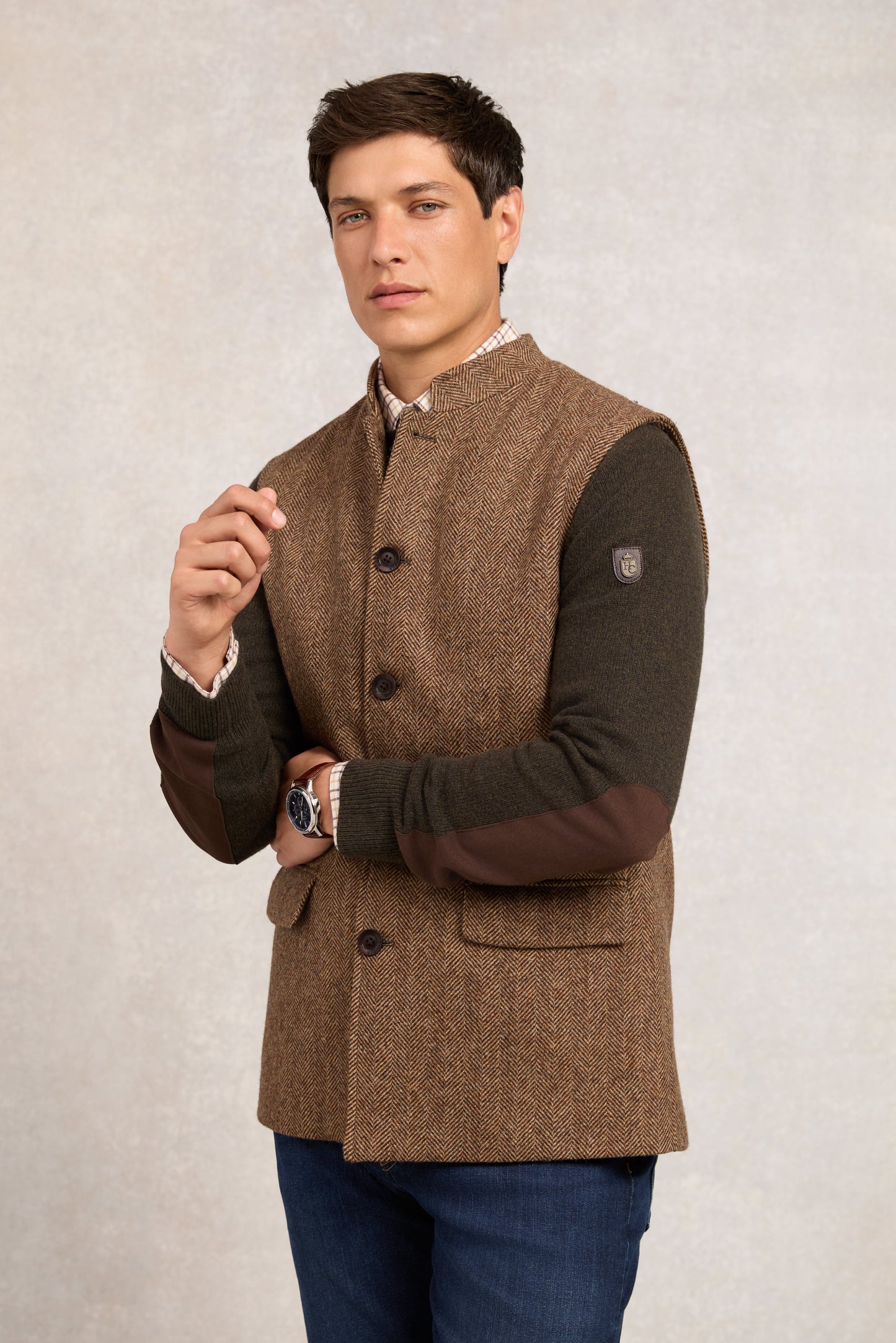 Nehru Gilet (Large Scale Brown Herringbone)