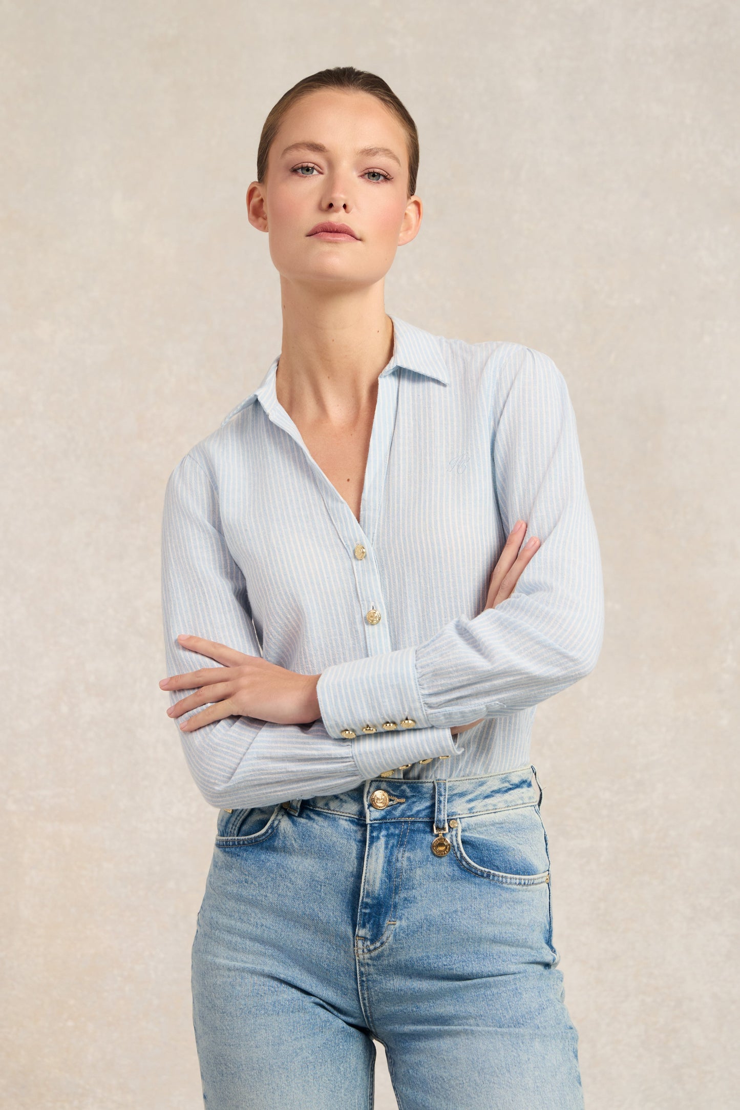 Classic V-Neck Blouse (Azure Stripe)