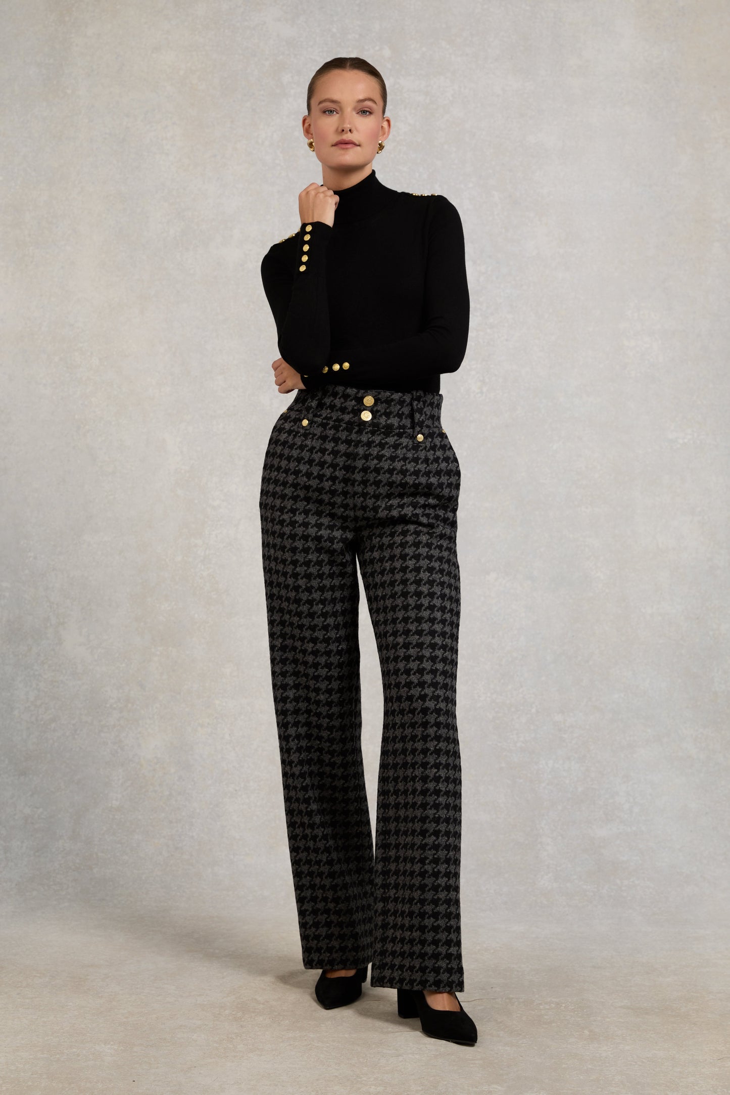 High Waisted Straight Trouser (Large Scale Charcoal Houndstooth)