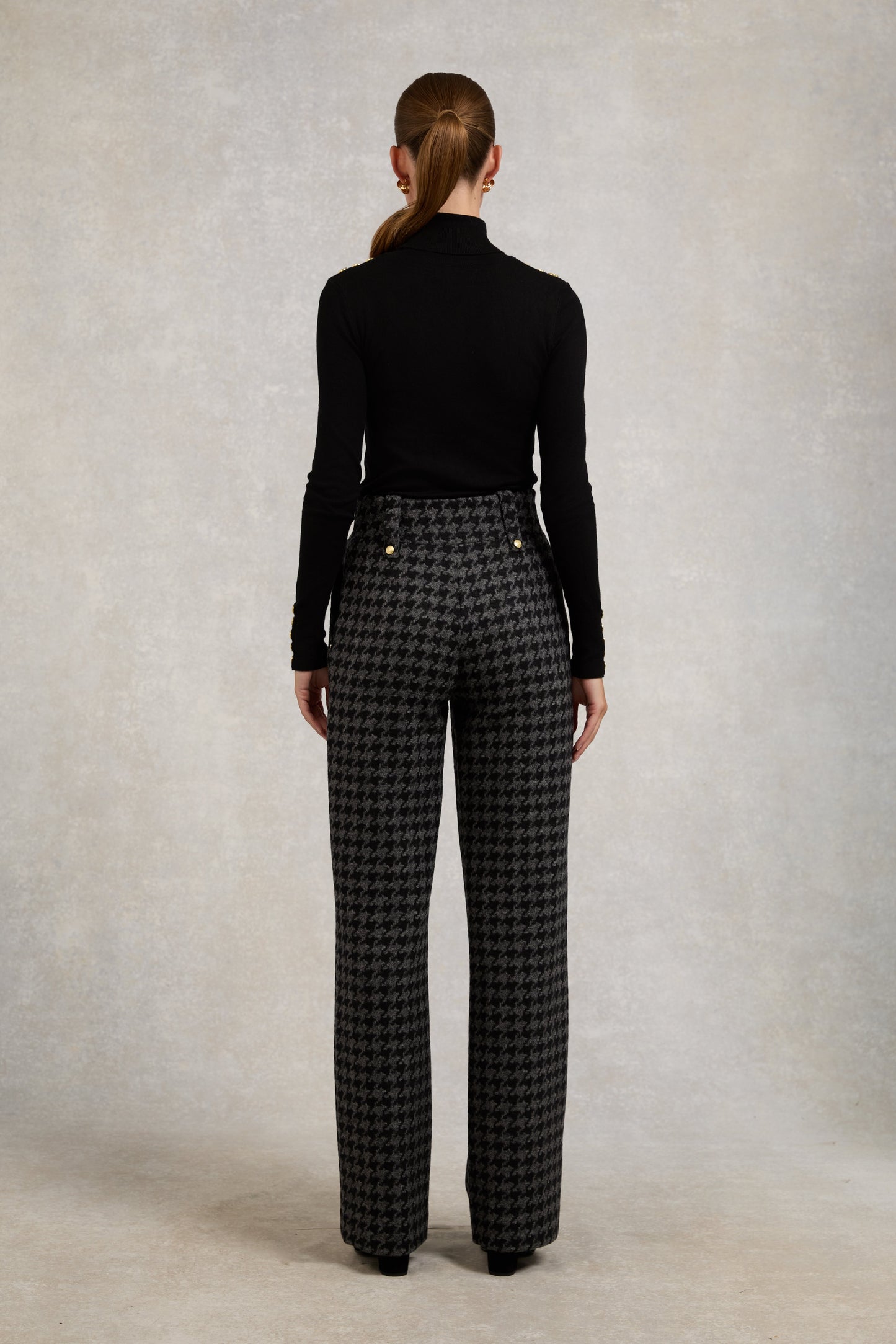 High Waisted Straight Trouser (Large Scale Charcoal Houndstooth)