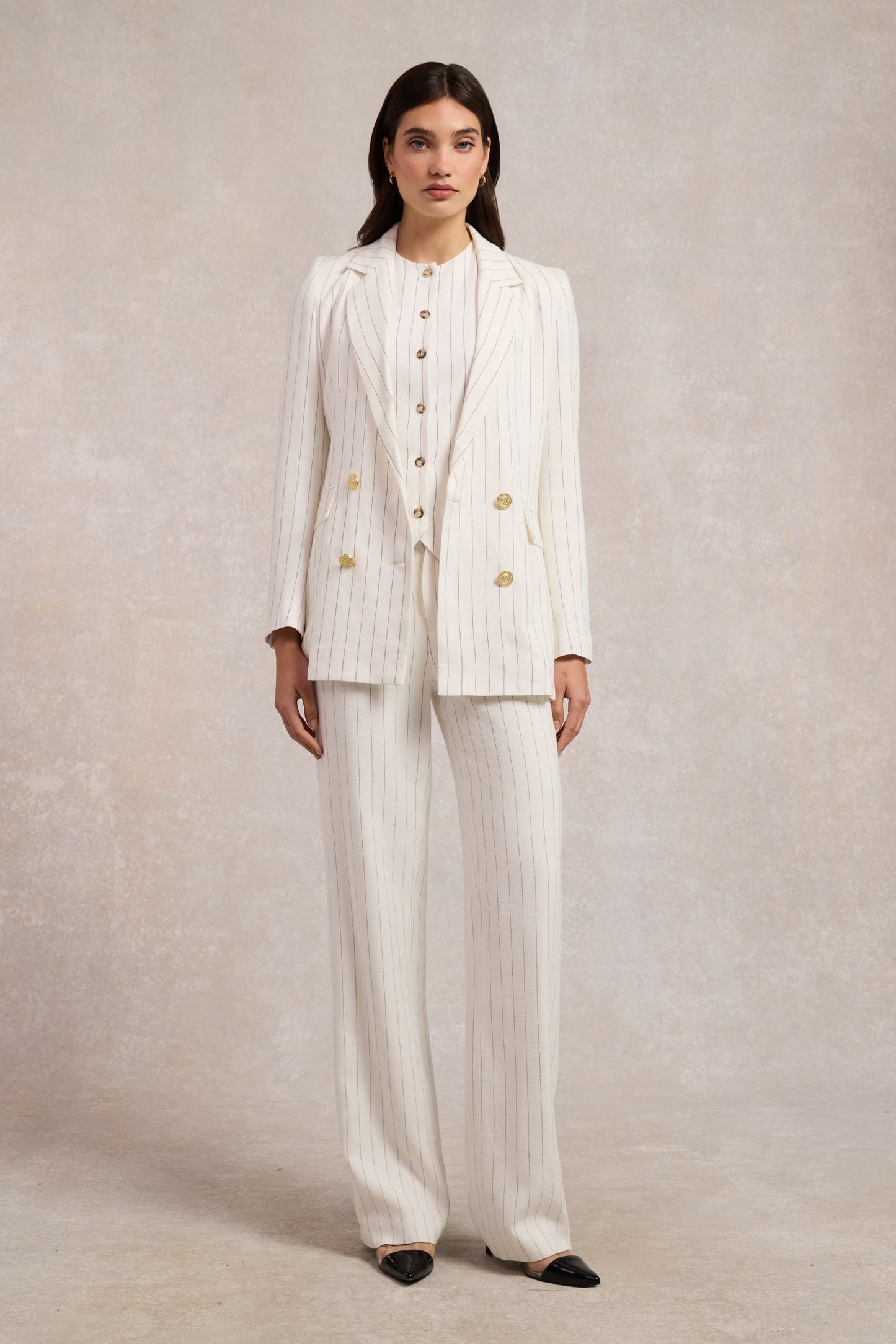 Double Breasted Blazer (Oyster Linen Pinstripe)