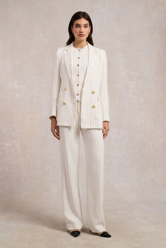 Double Breasted Blazer (Oyster Linen Pinstripe)