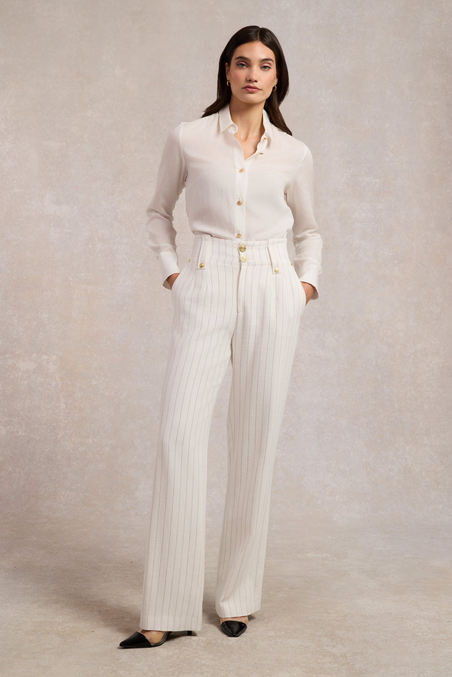High Waisted Straight Trouser (Oyster Linen Pinstripe)