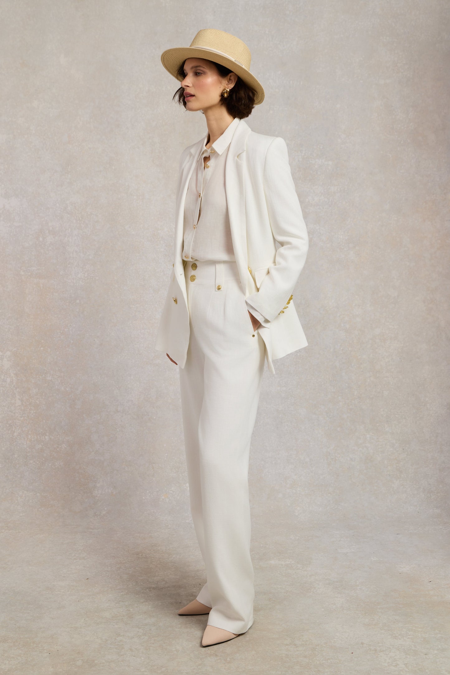 High Waisted Straight Trouser (Oyster Linen)