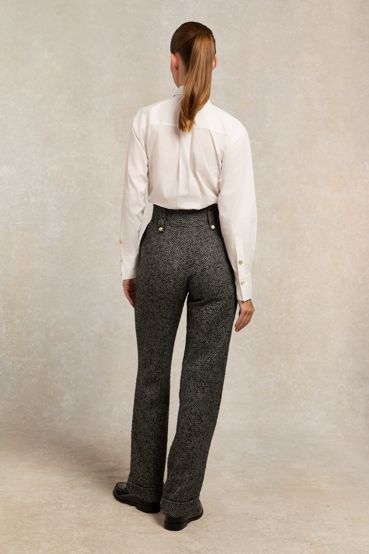 High Waisted Wide Leg Trouser (Ebony Herringbone)
