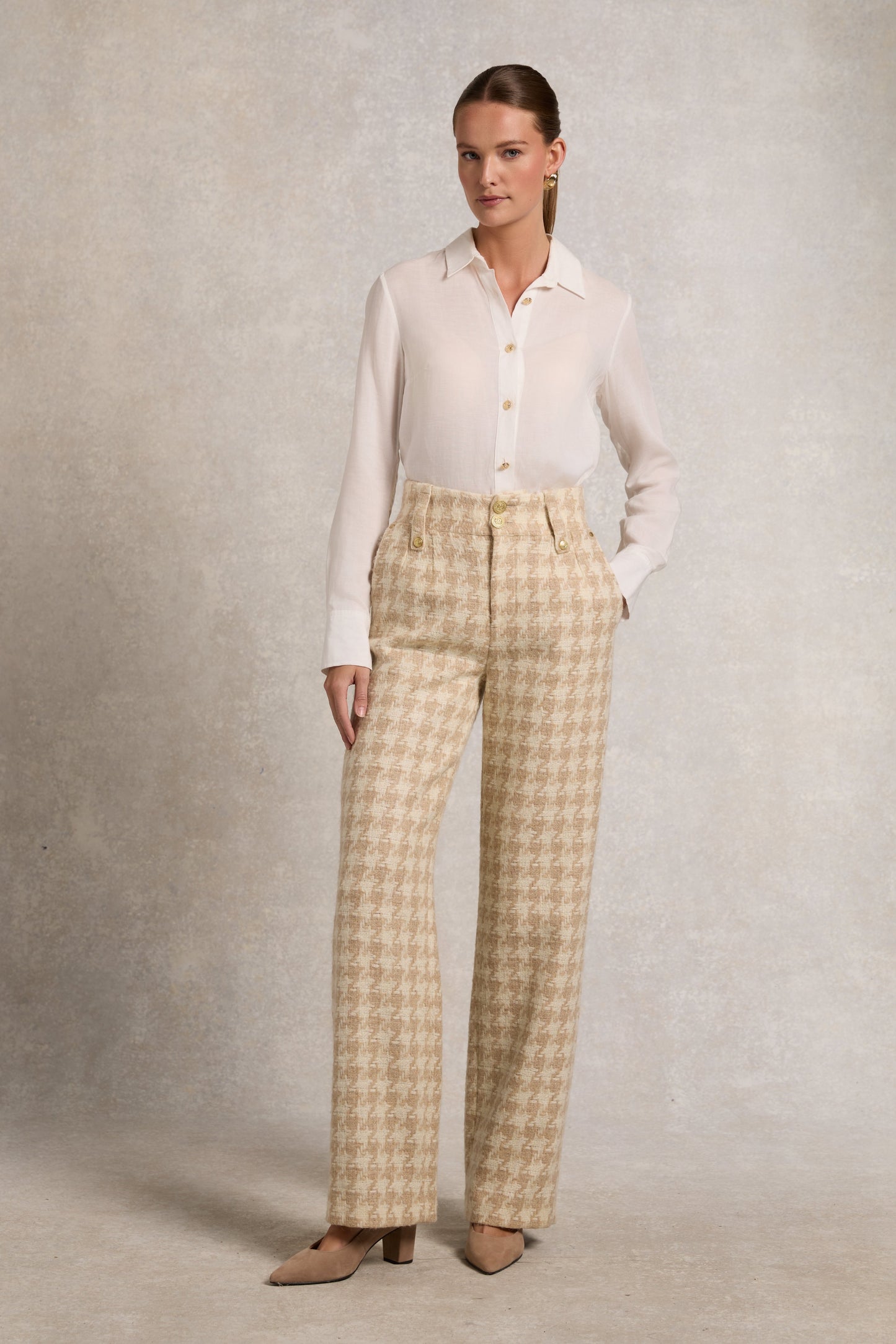 High Waisted Straight Trouser (Camel Houndstooth)