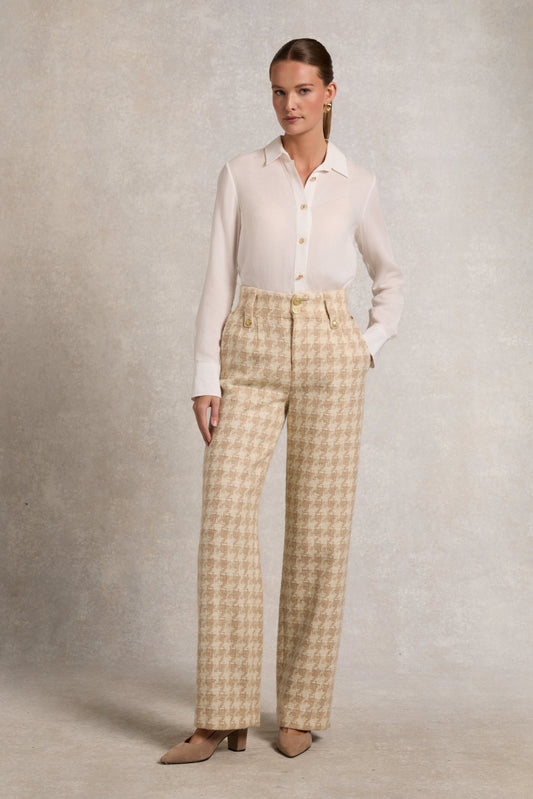 High Waisted Straight Trouser (Camel Houndstooth)