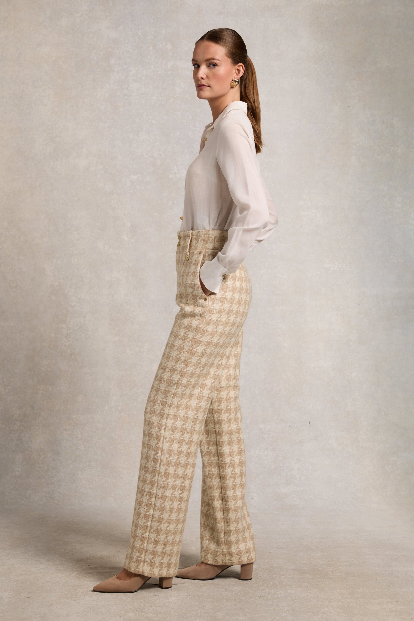 High Waisted Straight Trouser (Camel Houndstooth)