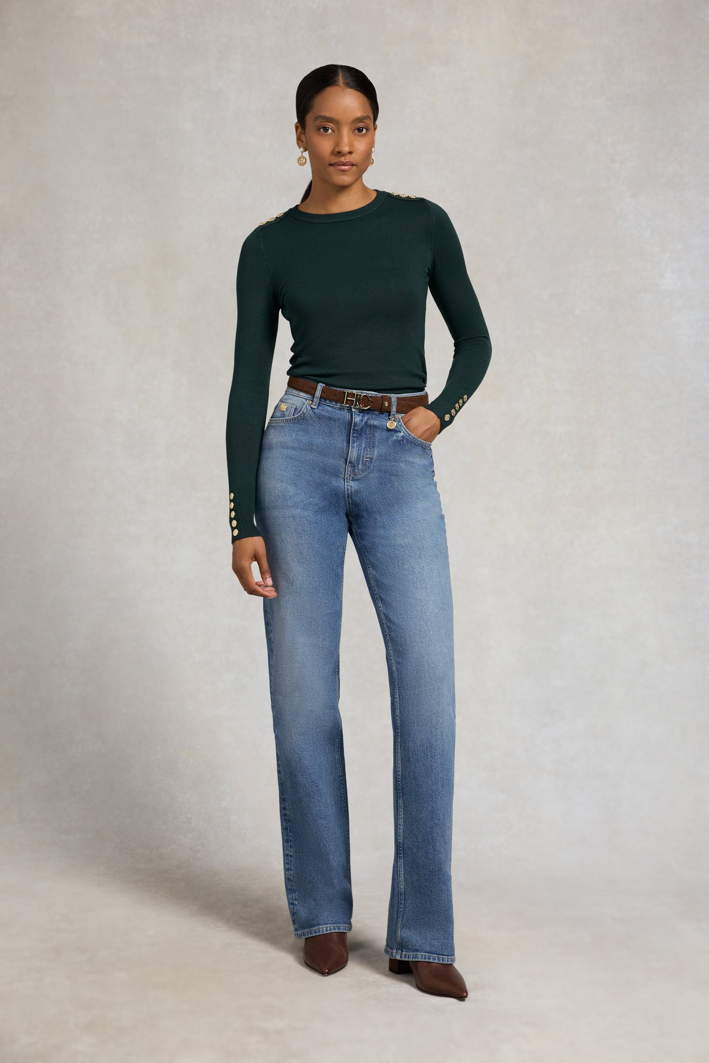 Buttoned Knit Crew Neck (Deep Emerald)