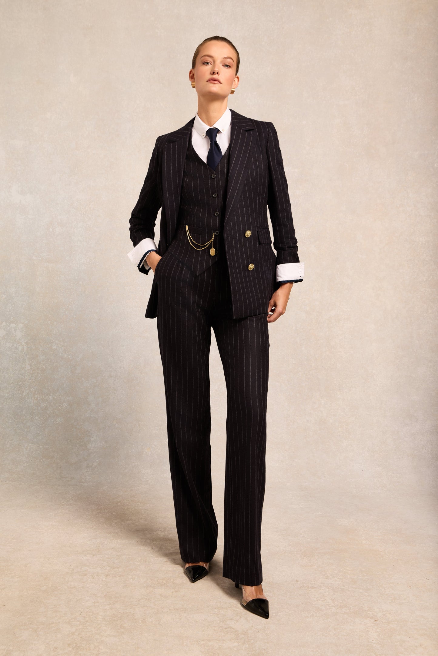 High Waisted Straight Trouser (Navy Chalk Pinstripe)