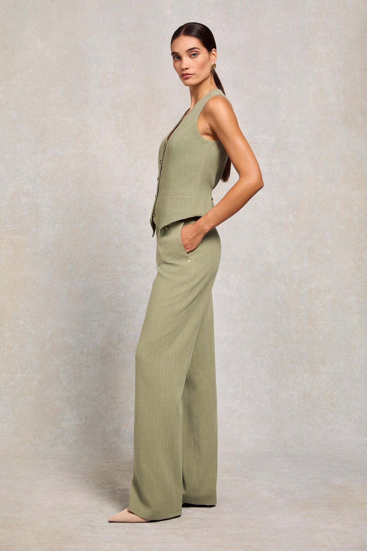 High Waisted Straight Trouser (Sage Linen)