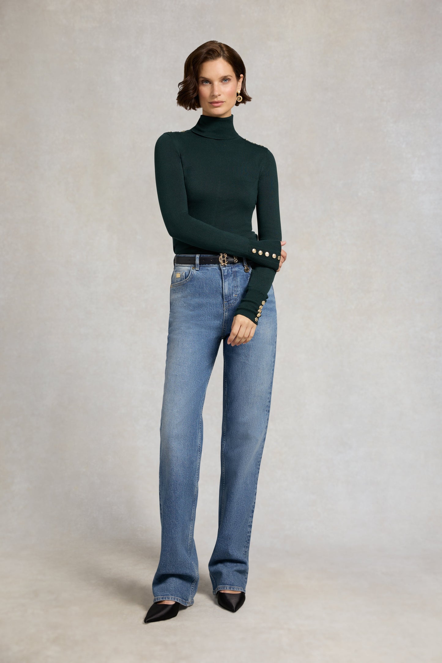Buttoned Knit Roll Neck (Deep Emerald)