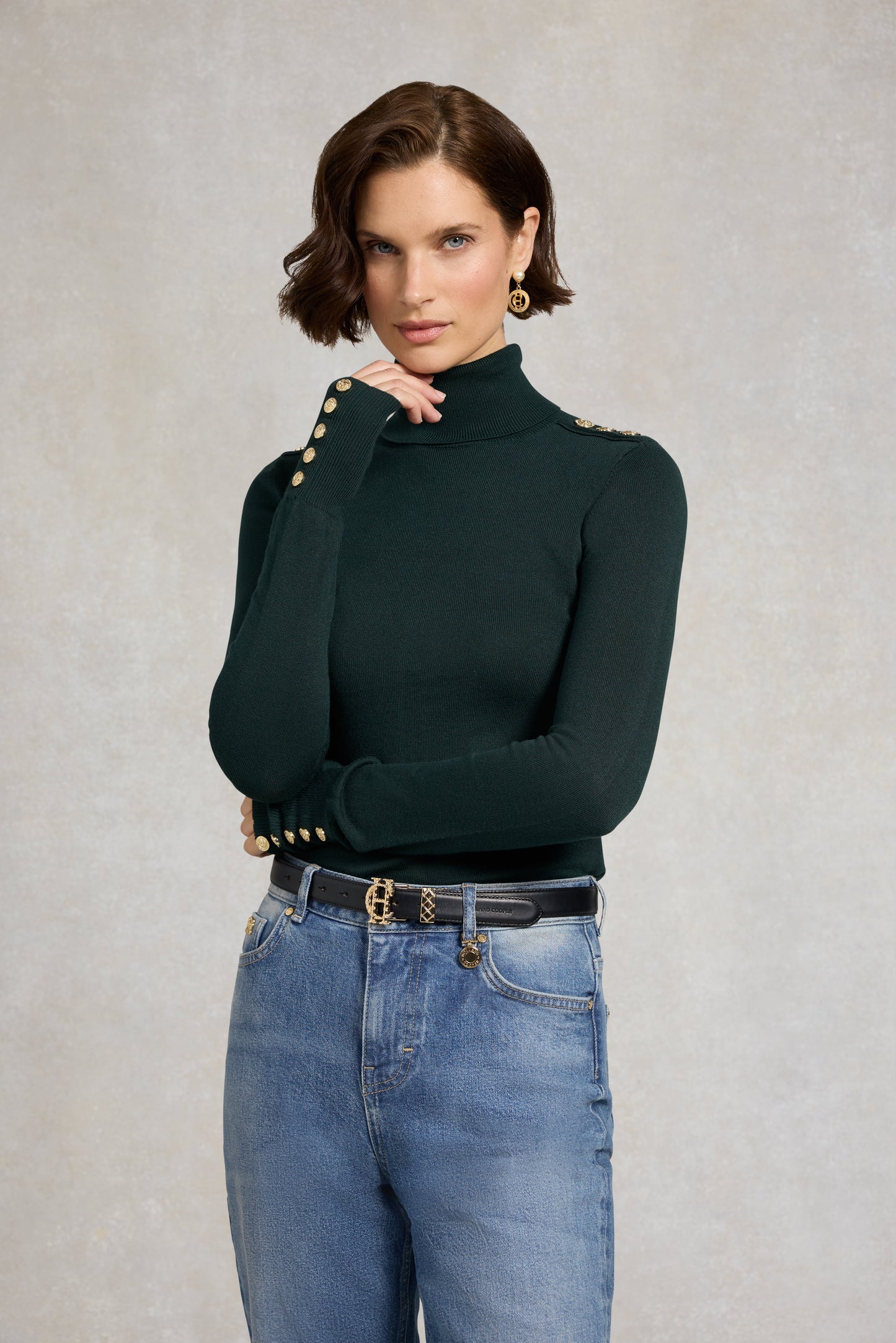 Buttoned Knit Roll Neck (Deep Emerald)
