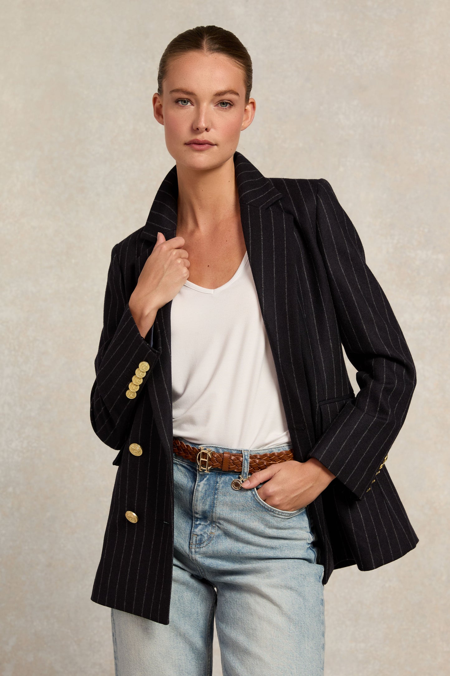 Double Breasted Blazer (Navy Chalk Pinstripe)