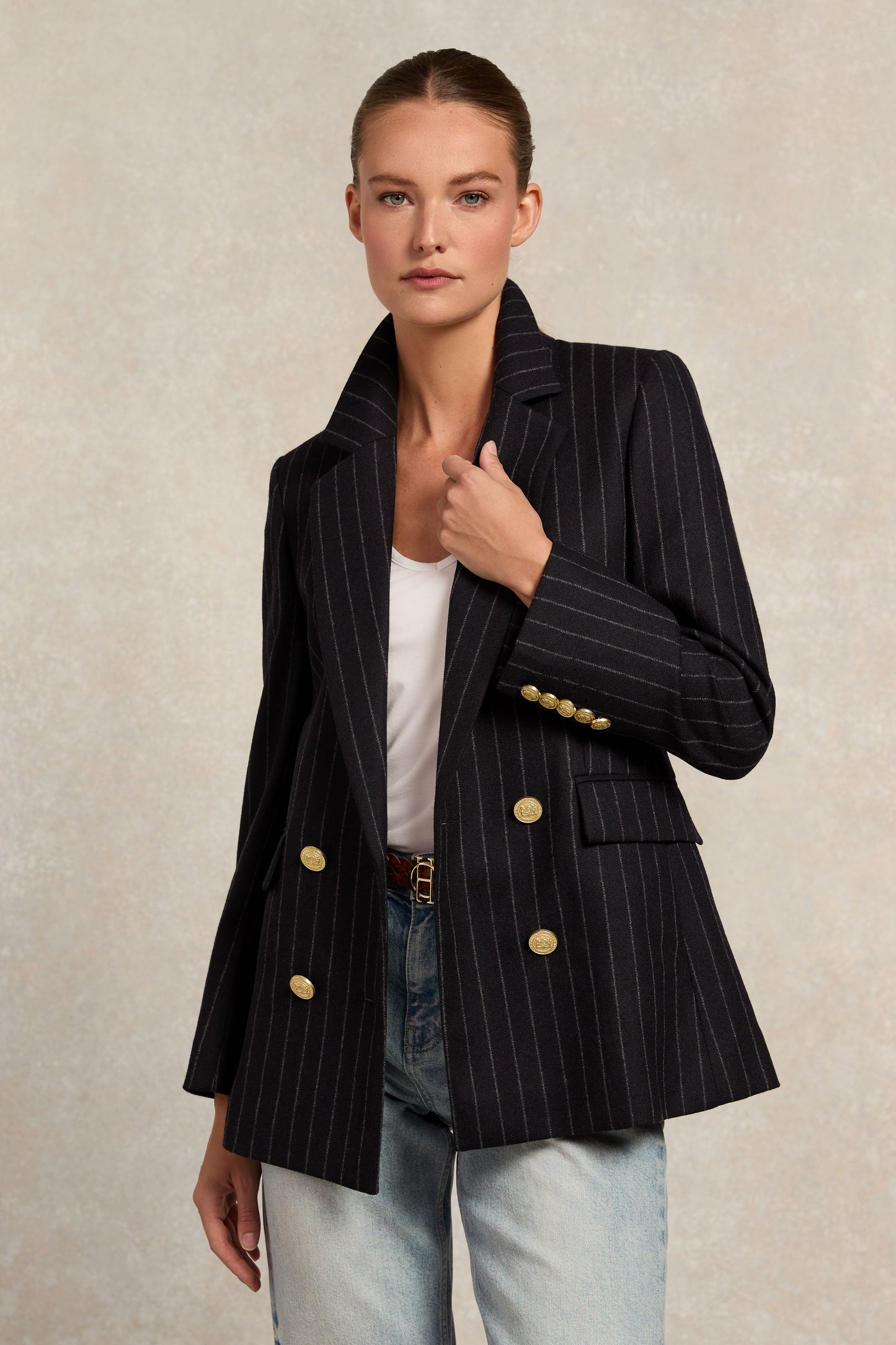 Double Breasted Blazer (Navy Chalk Pinstripe)