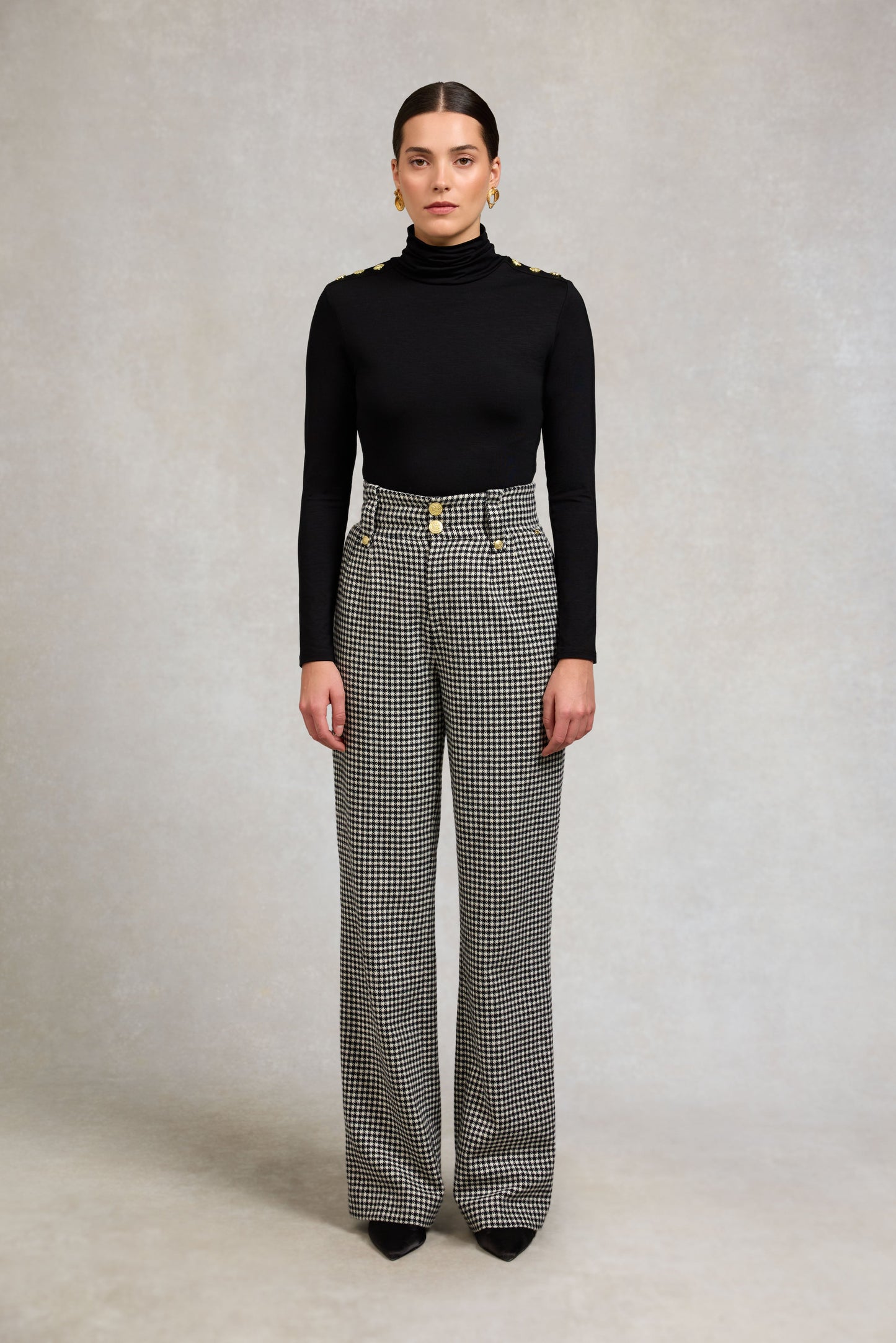 High Waisted Straight Trouser (Black & White Puppy Tooth)