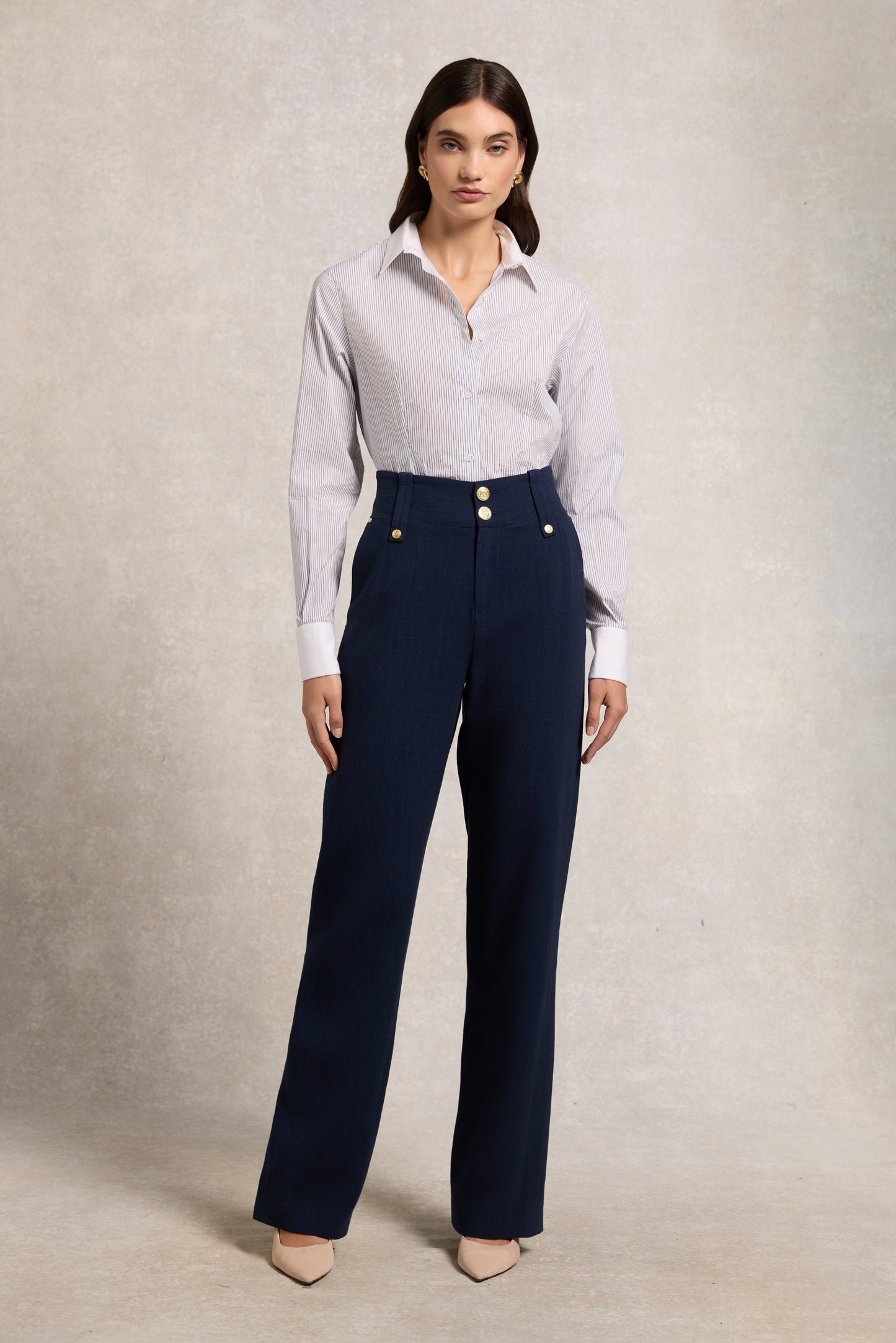 High Waisted Straight Trouser (Navy Linen)