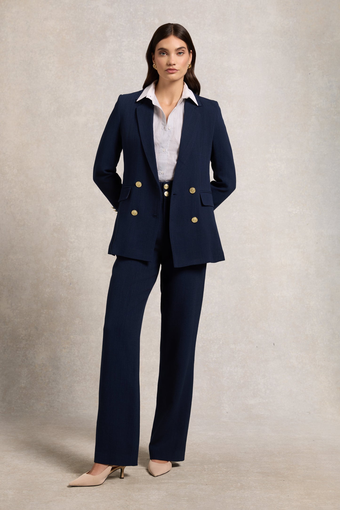 High Waisted Straight Trouser (Navy Linen)