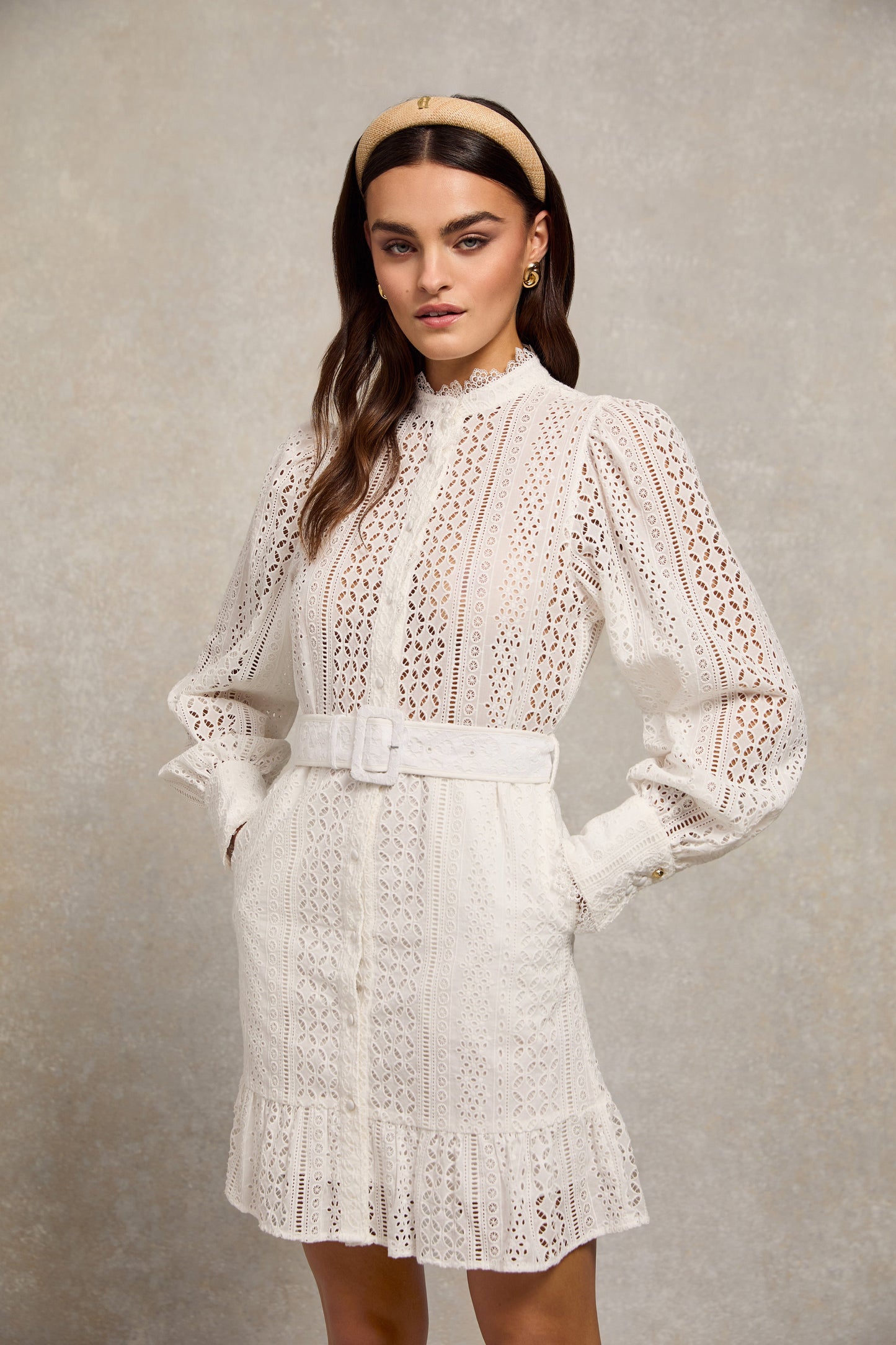 Collarless Broderie Mini Dress (White)