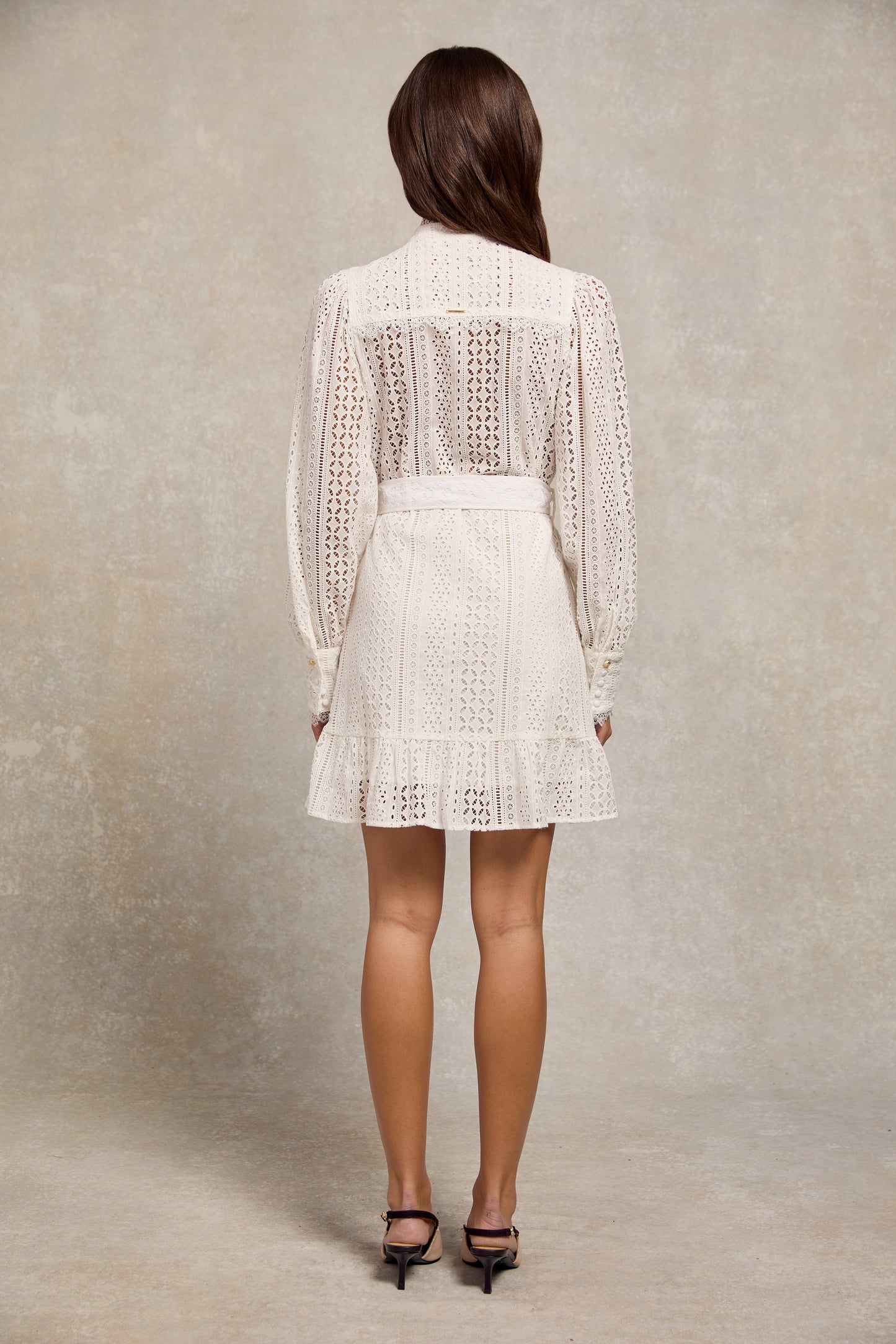 Collarless Broderie Mini Dress (White)