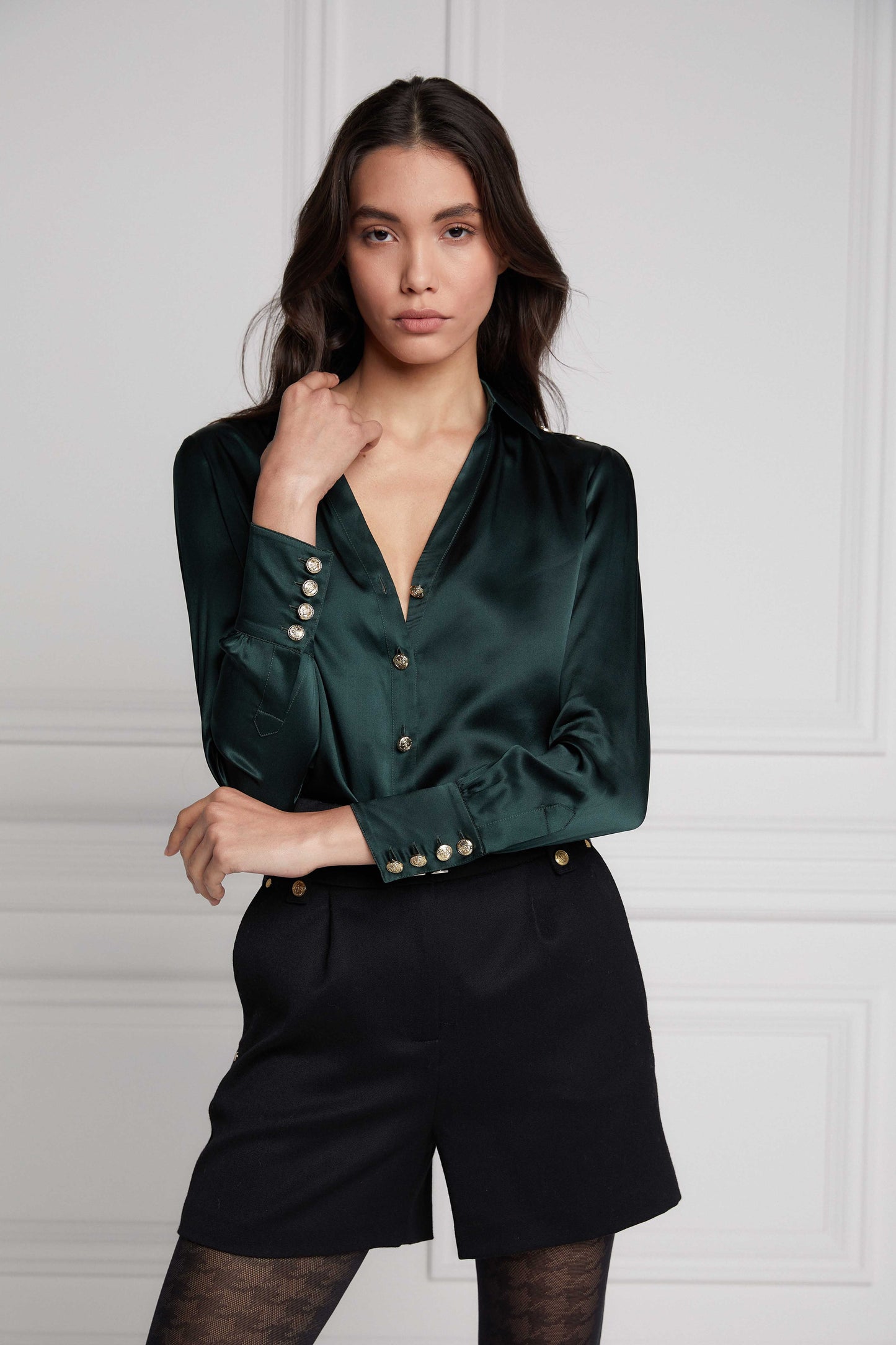 Silk V-Neck Blouse (Emerald)