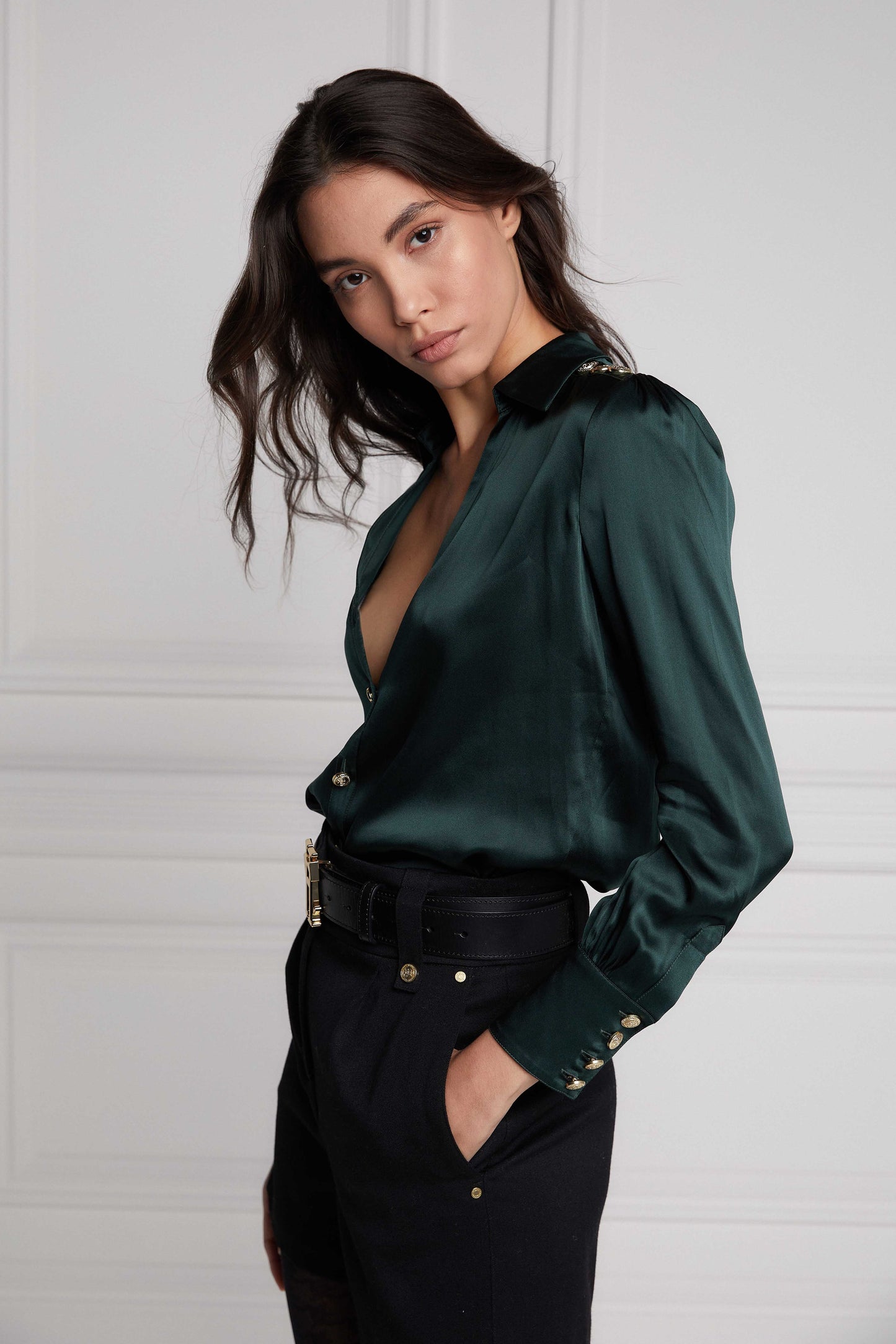 Silk V-Neck Blouse (Emerald)