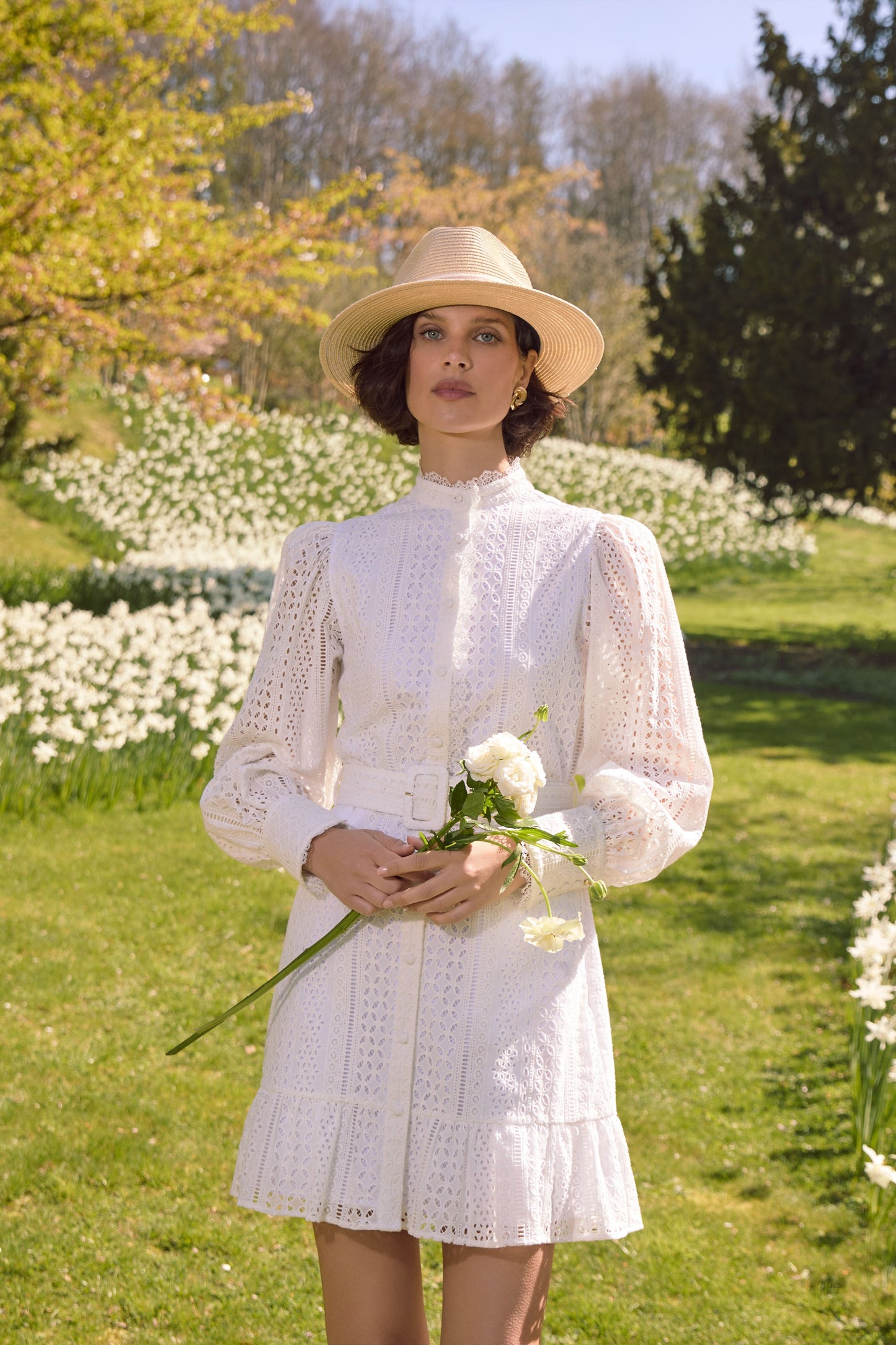 Collarless Broderie Mini Dress (White)