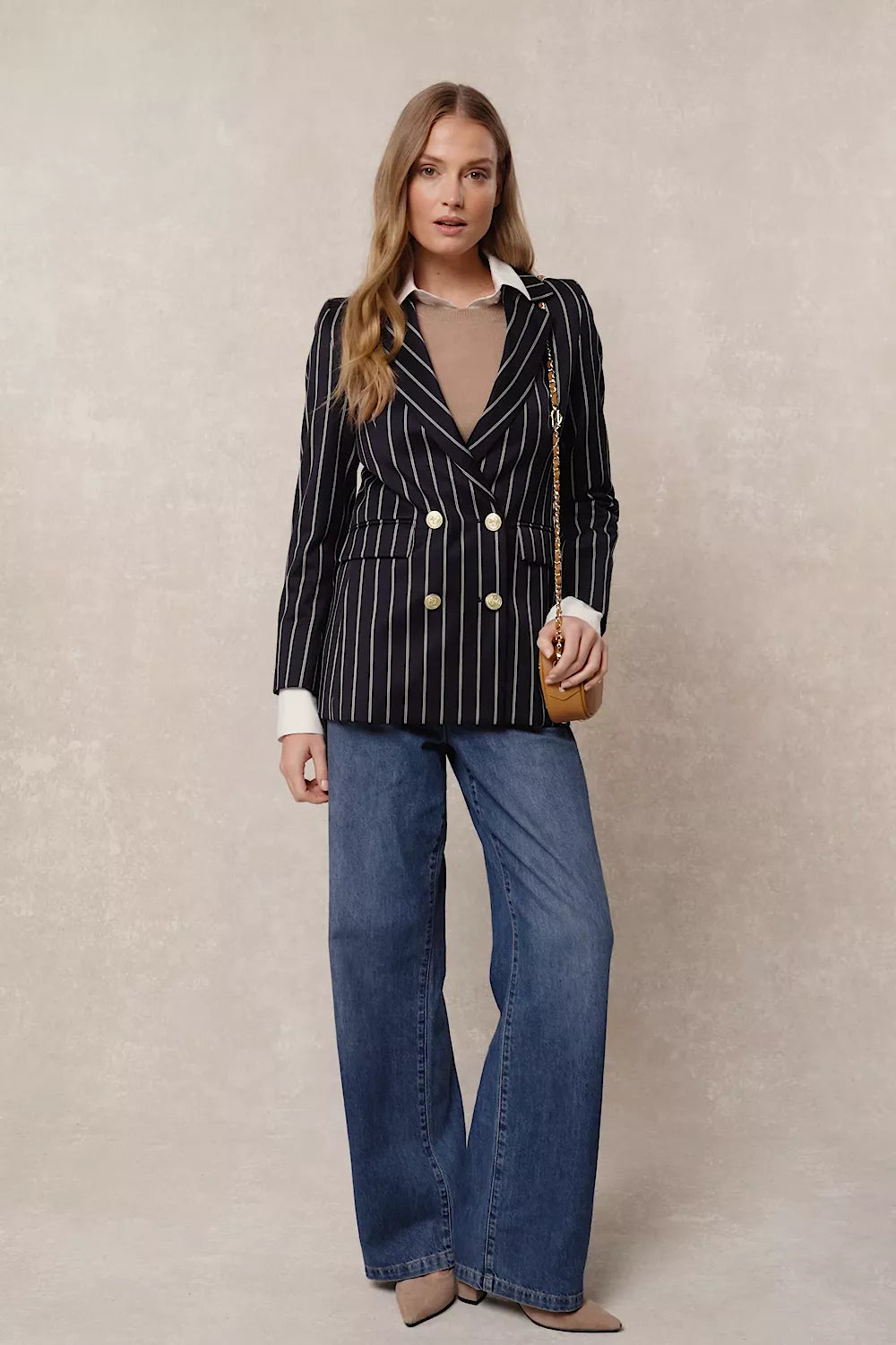 Double Breasted Blazer (Ink Navy Wide Stripe)