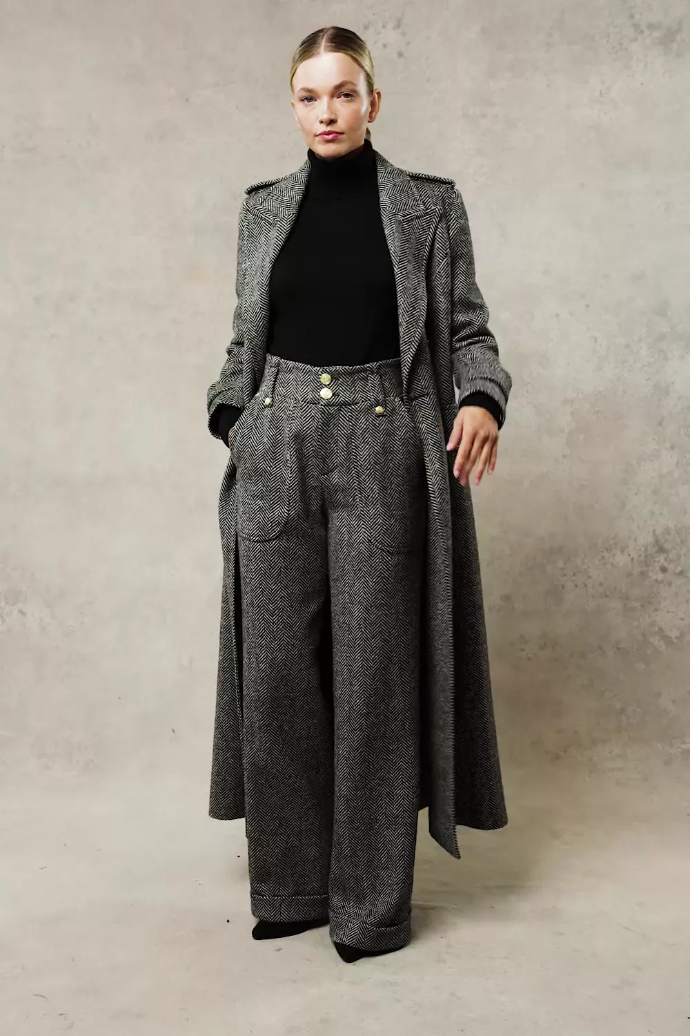 High Waisted Wide Leg Trouser (Wide Tooth Black Herringbone)